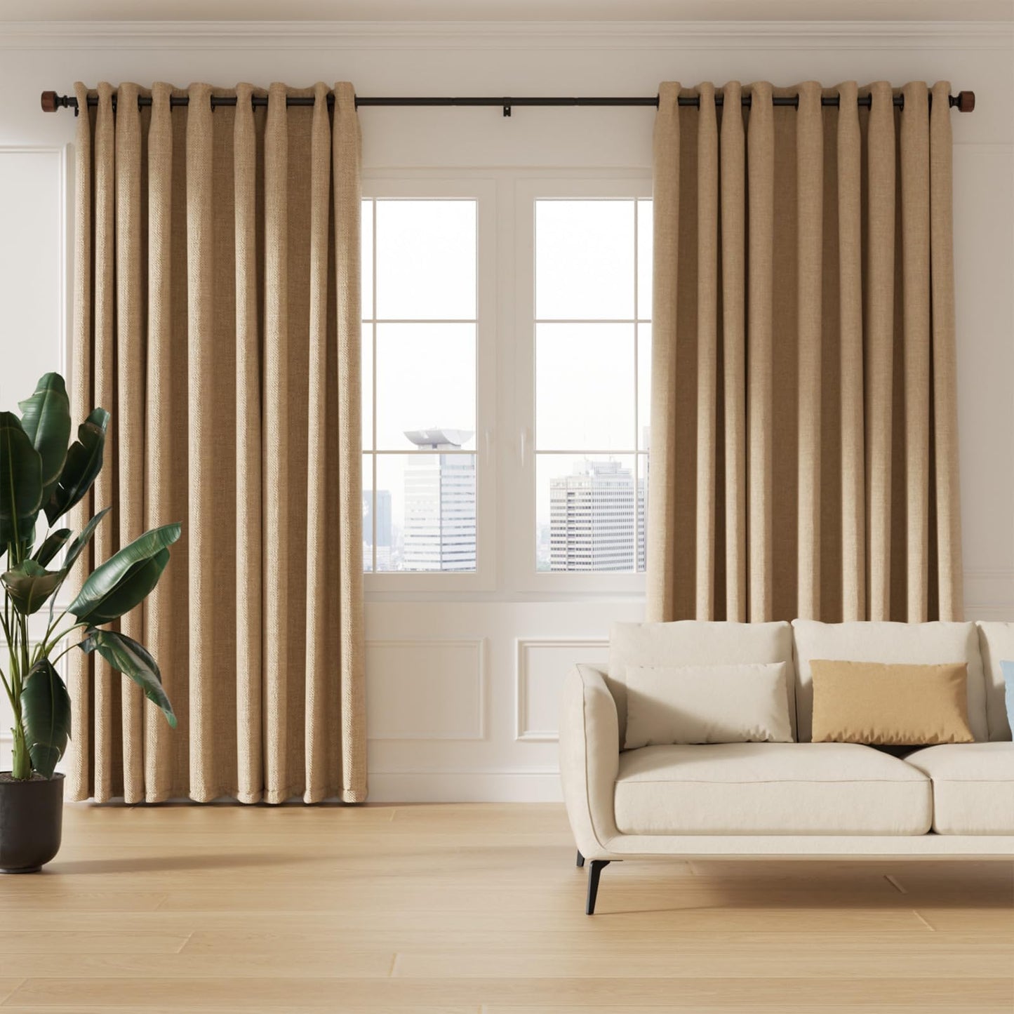 Wood Curtain Rods for Windows 66 to 120 Inch, 1” Diameter Adjustable Curtain Rod with Imitation Wood Grain Finials, Decorative Heavy Duty Drapery Rod Set, Indoor/Outdoor Modern Curtains Rods