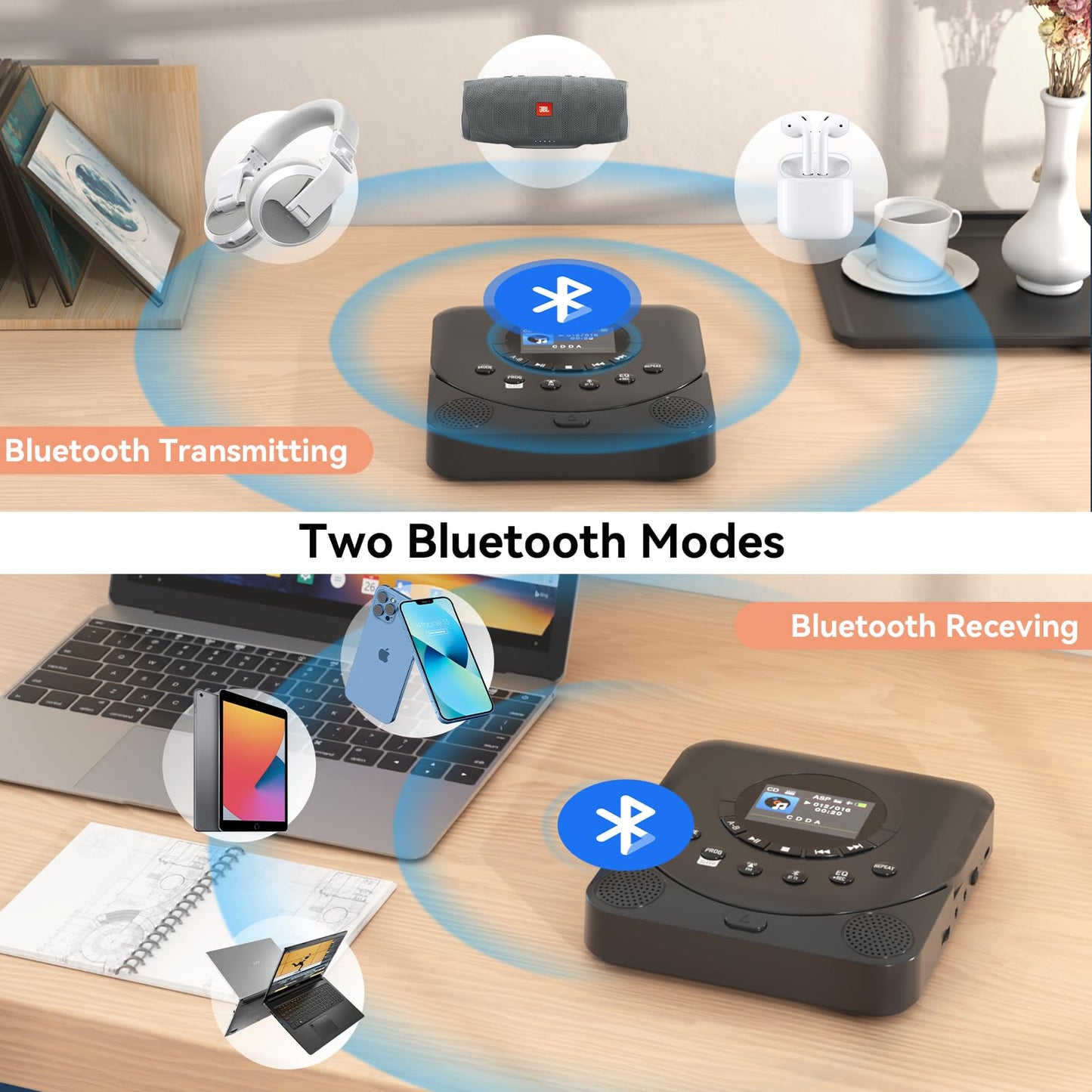 CD Player Portable,MONODEAL Dual Stereo with CD Player with Speakers,Rechargeable CD Player Bluetooth,Support TF Card,FM Receiver and Transmitter,Walkman CD Player with Sleep Timer,Colorful TFT Screen