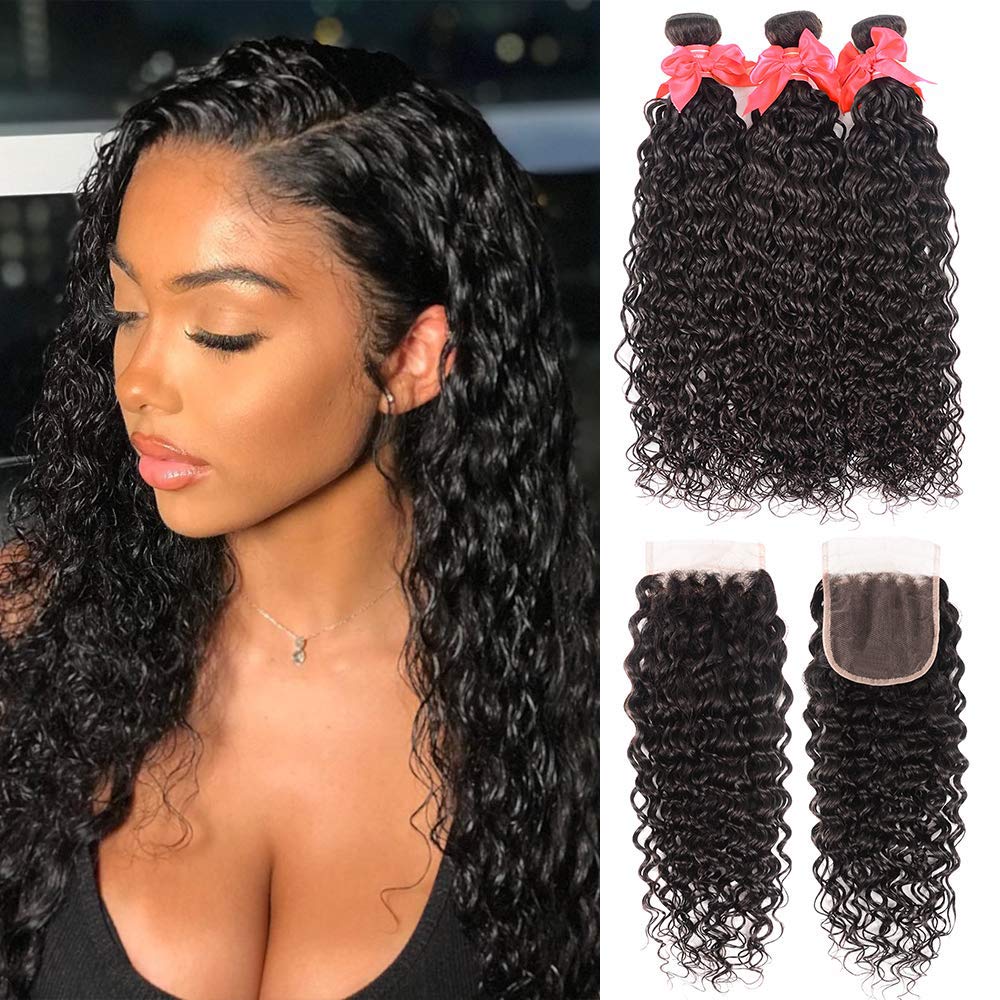 Wet and Wavy Bundles with Closure (10 12 14+10) 8A Unprocessed Water Wave Hair 3 Bundles 100% Virgin Brazilian Human Hair Bundles with Closure Can Be Dyed