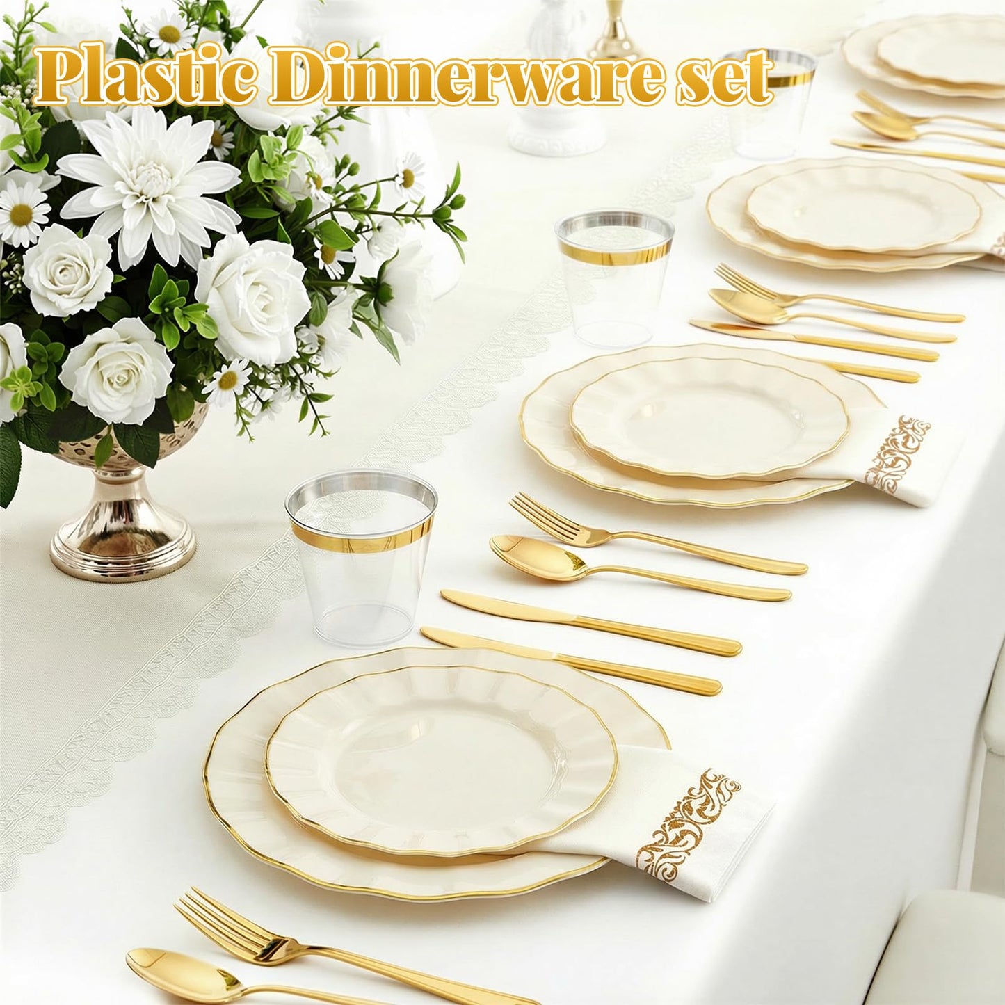 175 Piece Plastic Dinnerware Set Disposable Dinnerware Set for 25 Guests Include 50 Plastic Plates 25 Silverware Set 25 Cups and 25 Napkins for Father's Day Party Wedding Birthday（White and Gold）