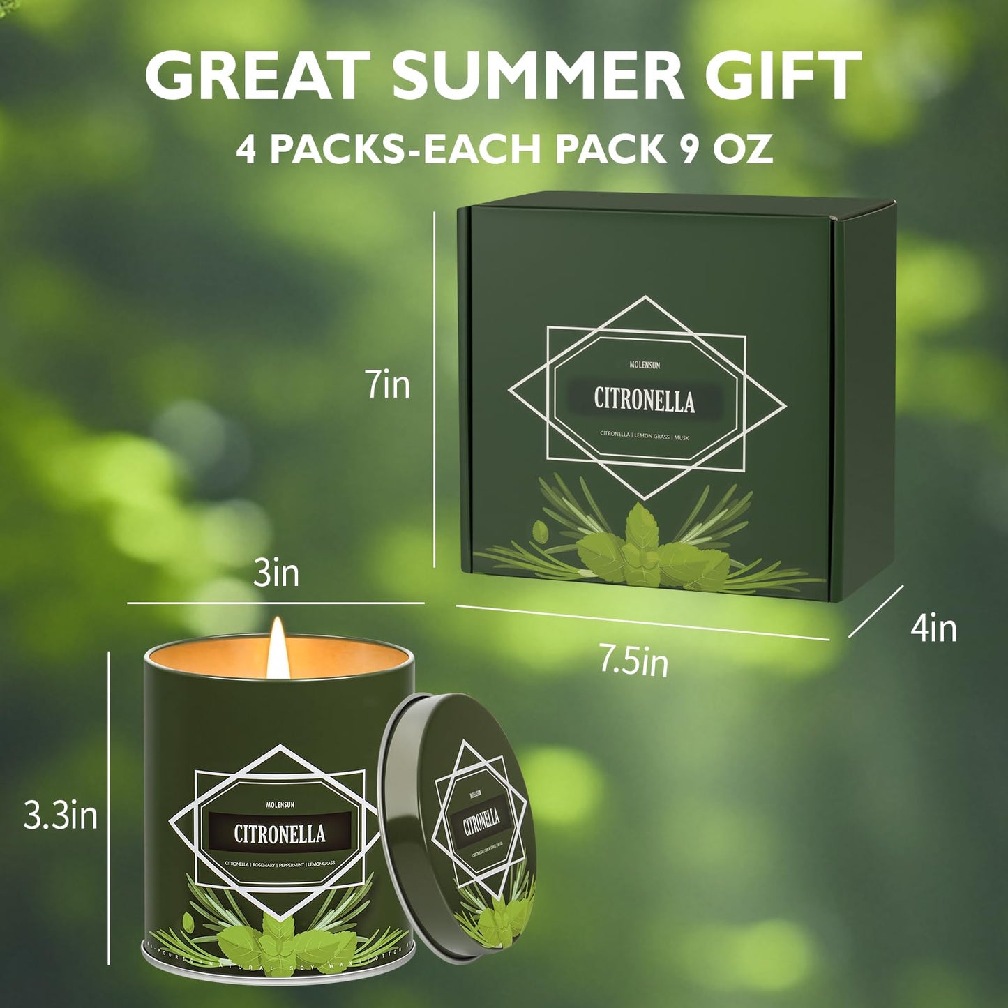 Citronella Candles Outdoor 4-Pack, Total 36oz Citronella Candles for Outside Patio, Camping & Garden, Summer Gifts for Indoor Home Scented, 50-Hour Burn Time, 9 Ounce Each