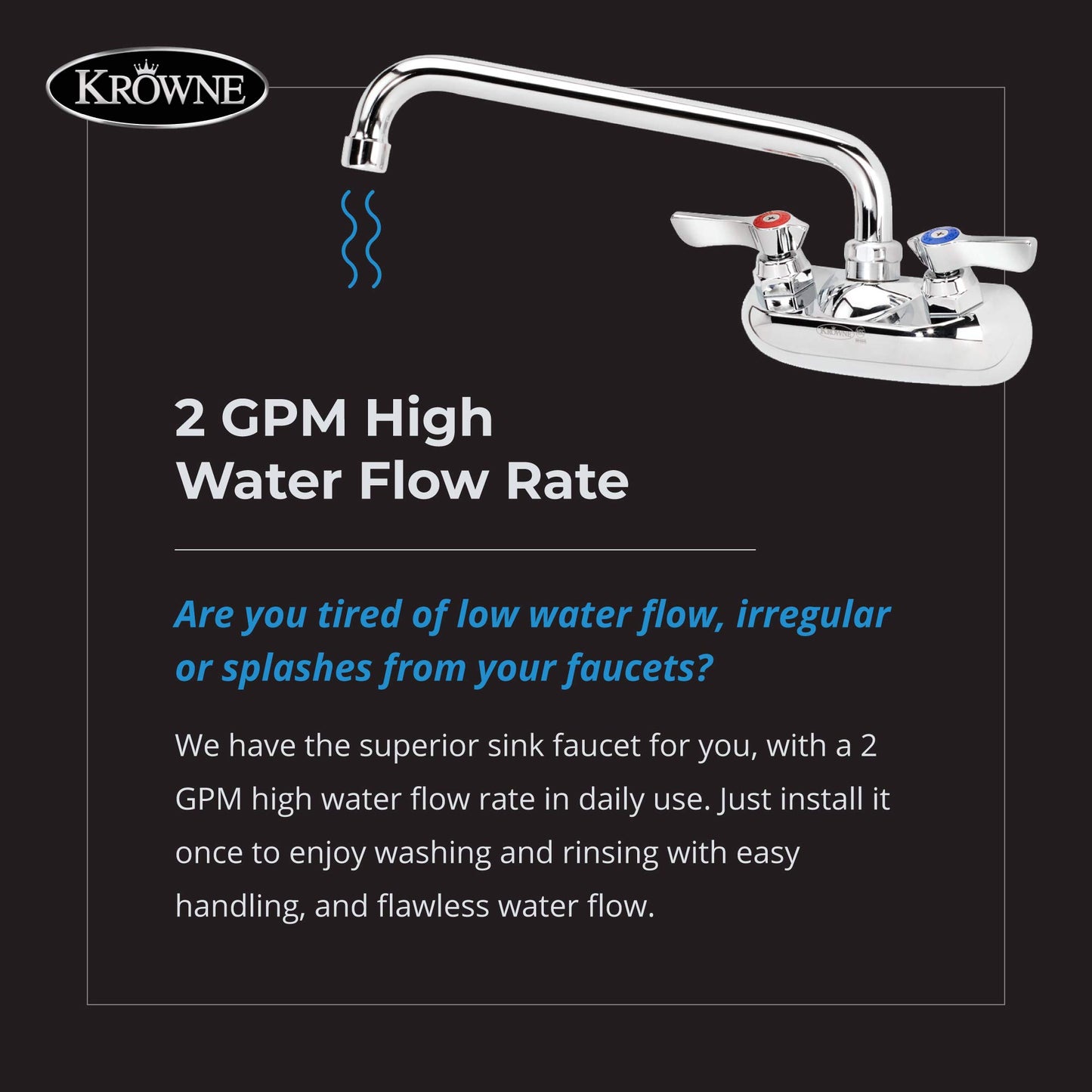 Krowne Silver Series 10-410L Wall Mount Kitchen Faucet with 4” Center Mount 10" Swing Spout and 1/2" NPS Male Inlets for Utility Sink Commercial Food Industry Restaurant | 10"L x 8"D, Chrome, NSF