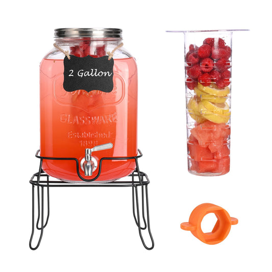 2 Gallon Glass Drink Dispenser For Parties,Beverage Dispenser with Stand,Lemonade Dispenser with 18/8 Stainless Steel Spigot Leakproof for Sun Tea,Homemade Juice,Picnic