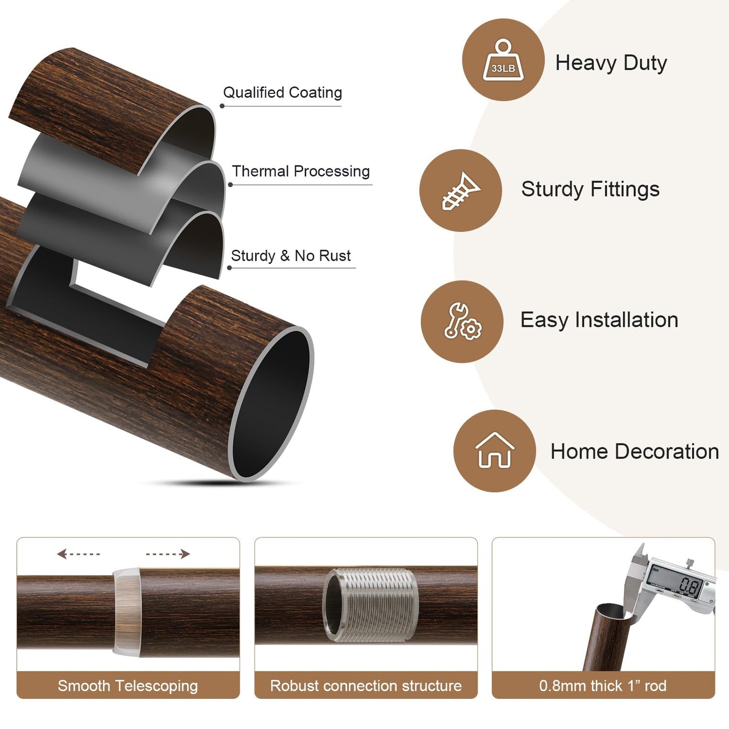 Lootkell Deep Walnut Wood Curtain Rods for Windows 66 to 120 1" Diameter Heavy Duty Window Curtain Rod Adjustable with Handmade Wood Grain Design for Living Room Bedroom Kitchen Farmhouse Outdoor