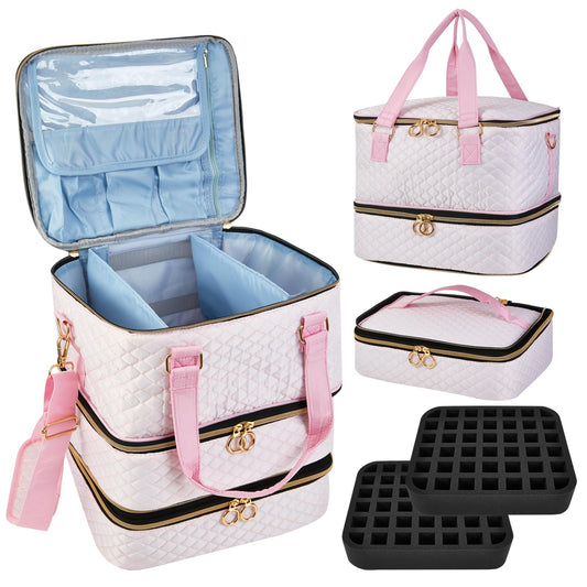 Cheungren Nail Polish Organizer Case - Three Layer Nail Polish Storage Bag with Adjustable Dividers Holds 84 Bottles Nail Polish Nail Lamp Nail Kit Supplies Organizer Box - Pink