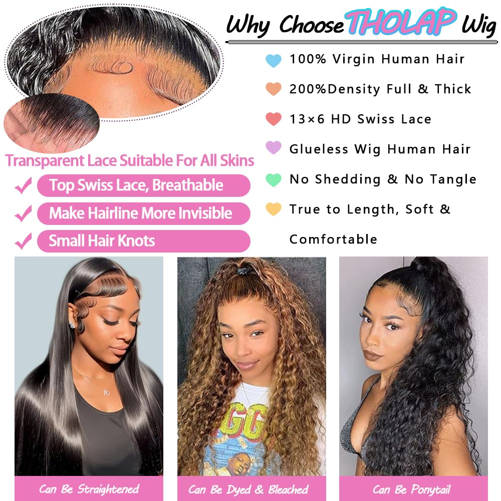 Tholap 18 Inch 13x6 Deep Wave Lace Front Wigs Human Hair 200 Density 13x6 HD Lace Front Wigs Human Hair Pre Plucked Deep Curly Glueless Wig 100% Virgin Human Hair Lace Front Wigs for Women