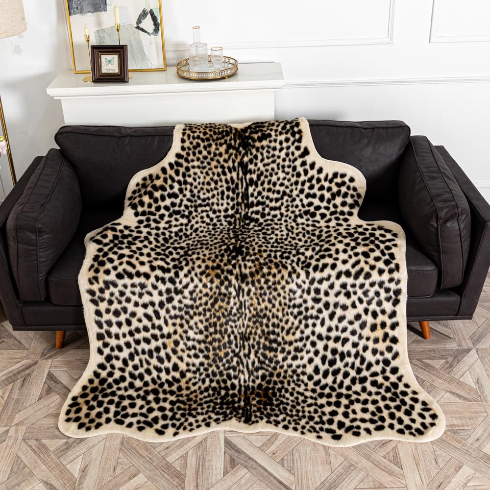 yingda1992 Leopard Area Rug Animals Printed Hide Mats Faux Fur Cowhide Skin Carpet for Home Office, Living Room, Bedroom, 5.2ft x 6.5ft (160 x 200cm)