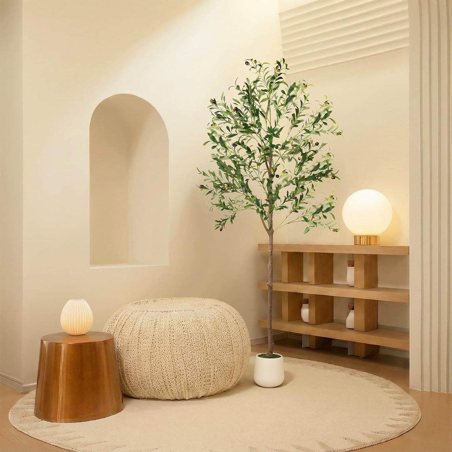 Olive Tree, 6FT Tall Faux Olive Tree with Moss and Planter, Olive Trees Artificial Indoor with Realistic Wood Trunk and Lifelike Fruits, Fake Olive Tree for Home Office Living Room Decor