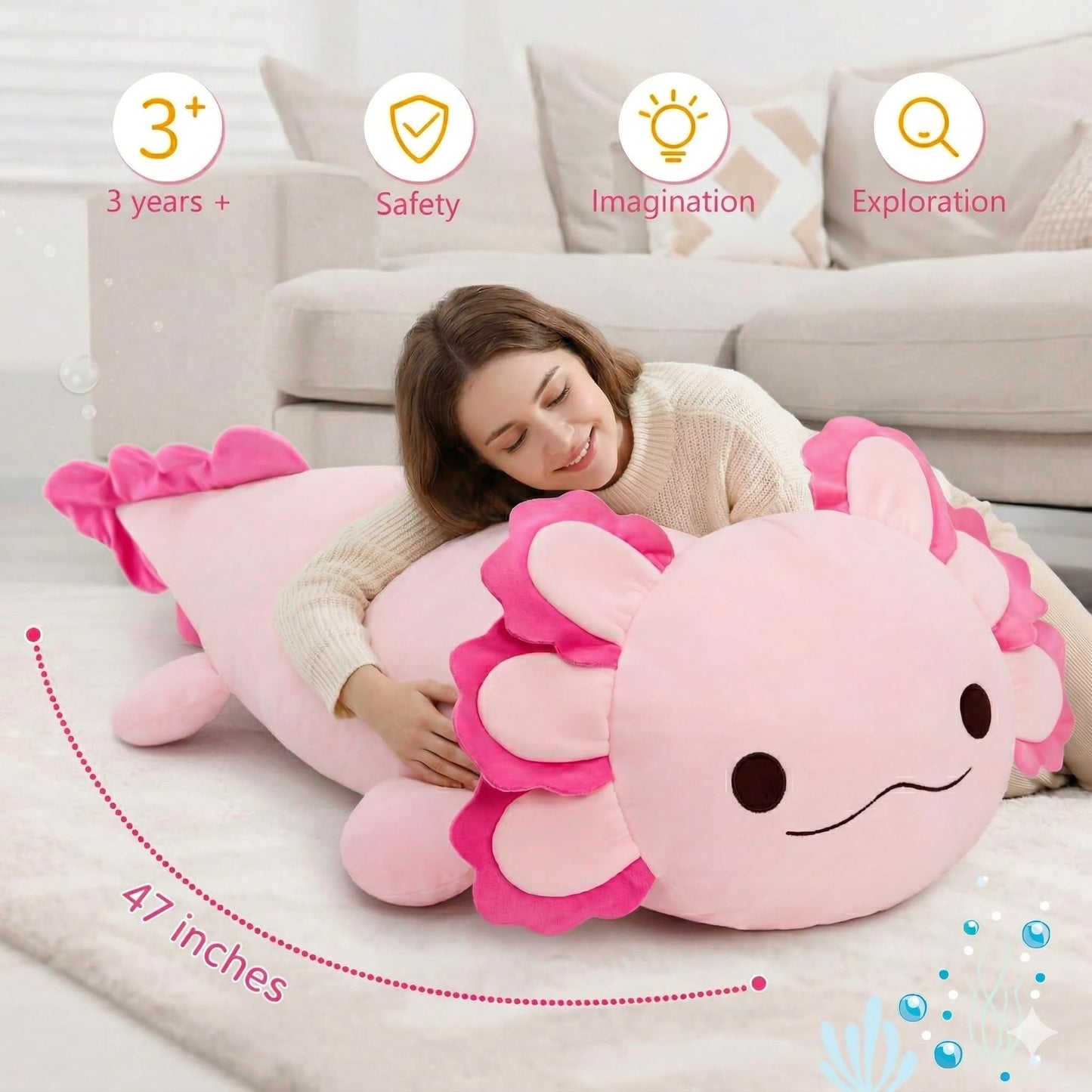 MaoGoLan Giant Axolotl Stuffed Animal, Ultra Soft 47 Inch Pink Salamander Body Pillow Plush, 4 Feet Jumbo Plushie Gift for Kids, Axolotl Lovers, Home Decor
