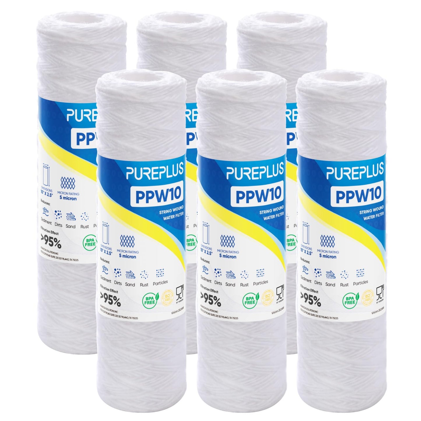 PUREPLUS 5 Micron 10"x2.5" Whole House String Wound Sediment Filter for Well Water, Replacement Cartridge for Universal 10 inch RO System, WP-5, Aqua-Pure AP110, CFS110, Culligan P5, WFPFC4002, 6Pack