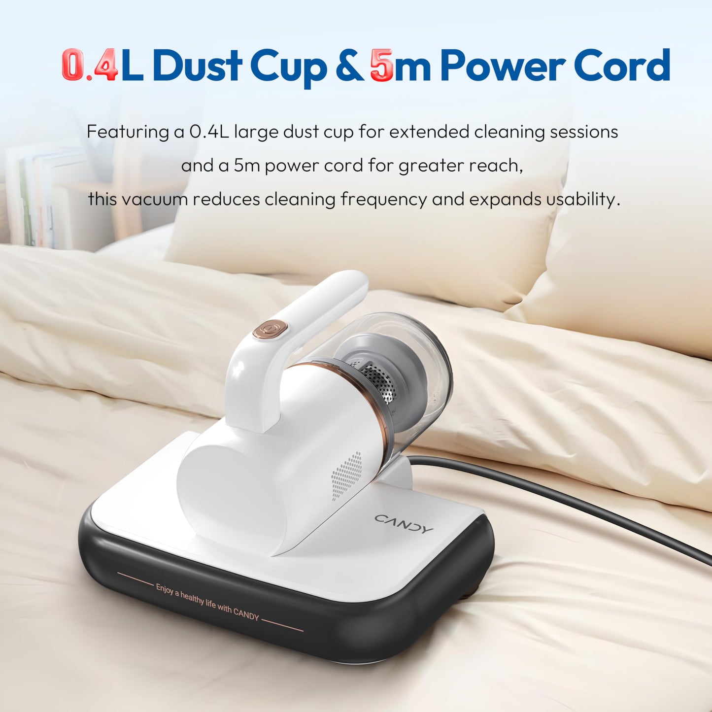 CANDY™ Mattress Vacuum Cleaner UV Sanitizing with HEPA Filter,350W Anti-Allergen for Bed,Carpet,Couch,Dust & Pet Hair, 0.4L Dust Cup with Washable Fliter, Auto UV Shutoff & Overheat Protection