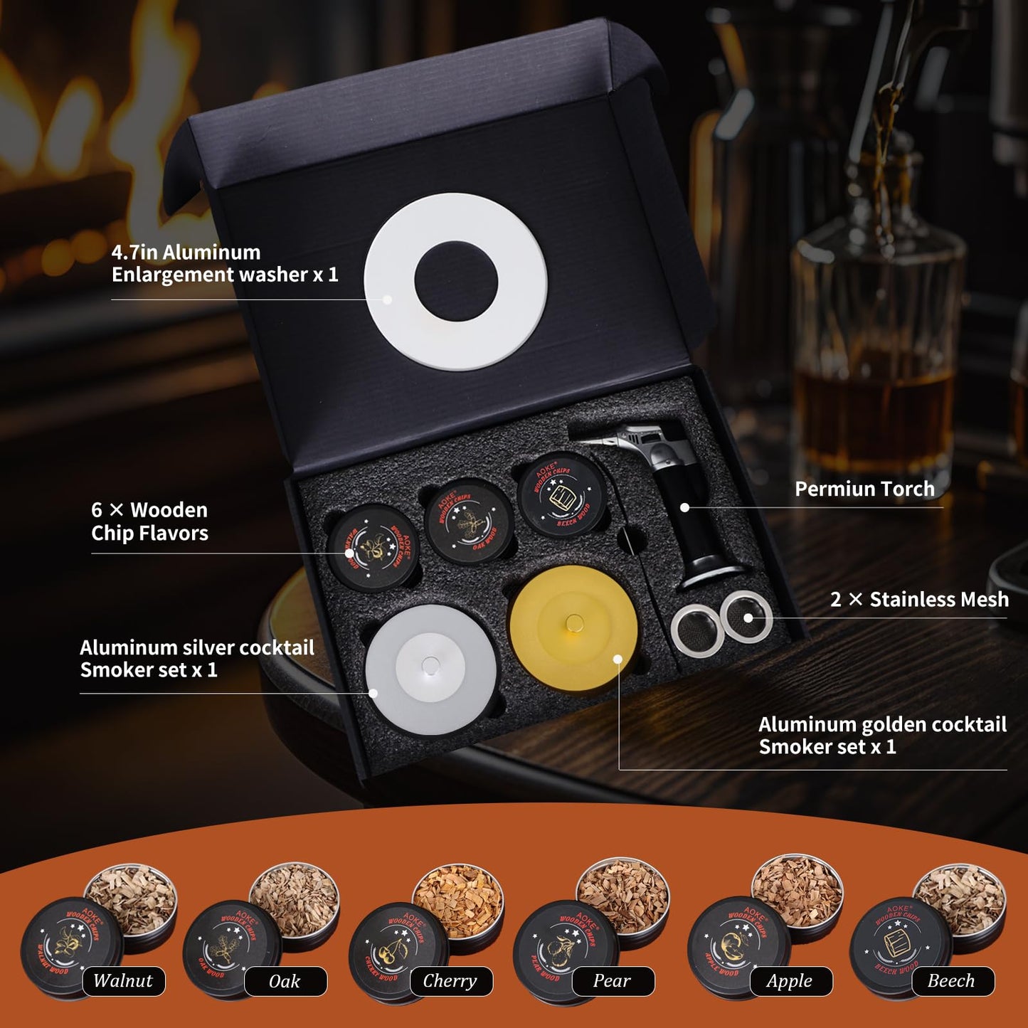 Cocktail Smoker Kit with Torch, 2 Pack Whiskey Smoker Kit Metal Old Fashioned Smoker kit, Birthday Bourbon Whiskey Gifts for Men Dad Husband, 4.7in Expansion Disk, 6 Flavors Wood Chips(No Butane)