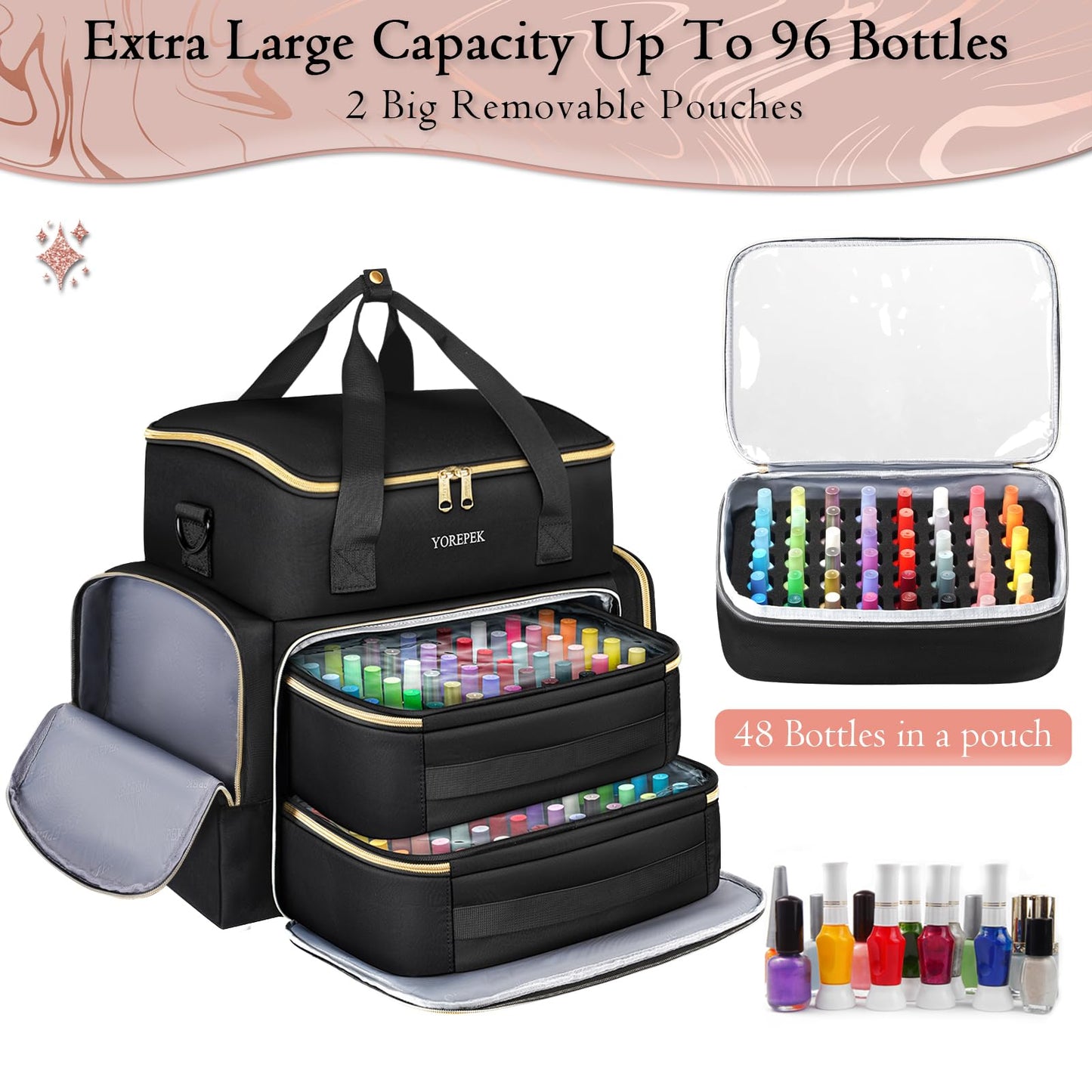 YOREPEK Extra Large Nail Polish Organizer Case Holds 96 to 100+ Bottles (15ml/0.5 fl.oz) UV lamp, Gel Polish Travel Case Bag with 2 Removable Pouches Fits Nail Suppiles, Gift for Manicurist, Grils