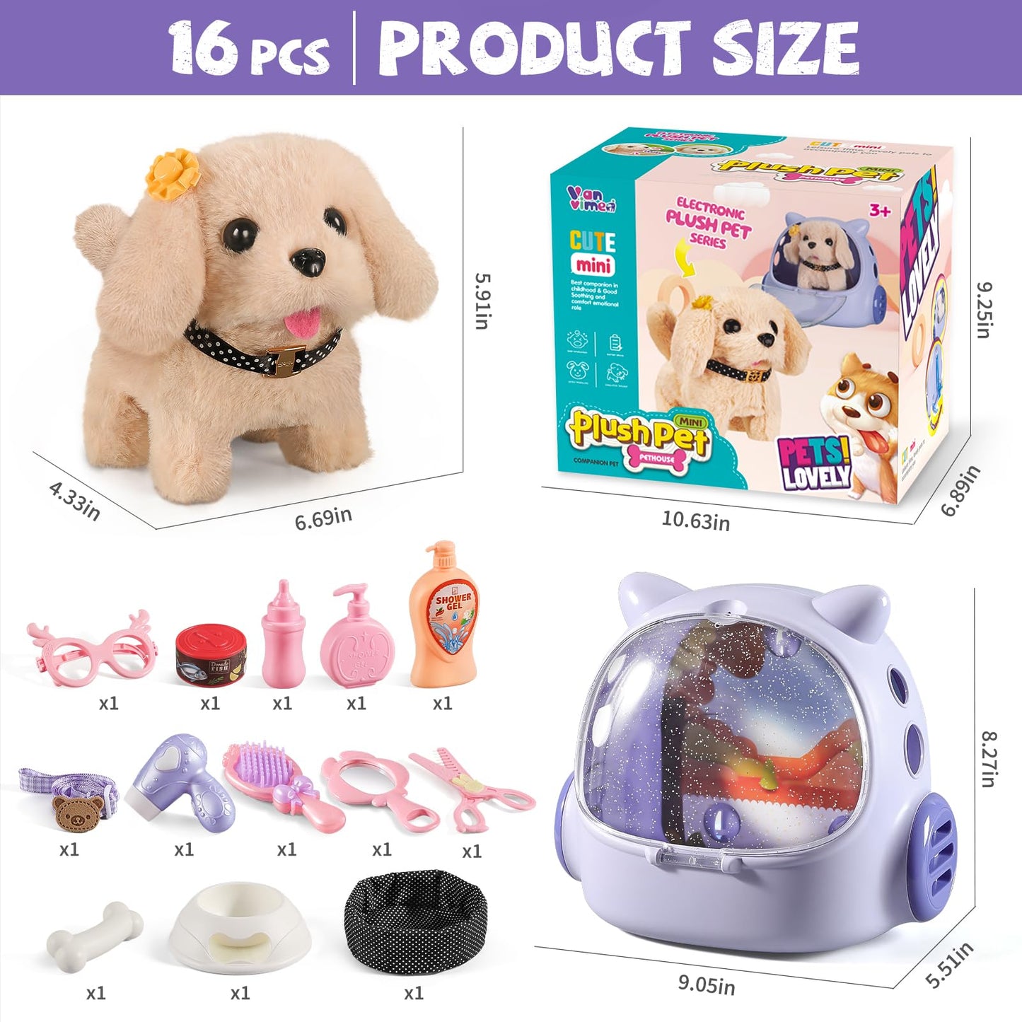 Toy Dog for Kids, Girls Interactive Plush Stuffed Toys Dog that Walk and Bark,16 pcs Electronic Puppy Pet Care Pretend Playset w/ Backpack, Groom & Feed Toys, Gifts for Girls 3-5 5-7 6-8 8-12