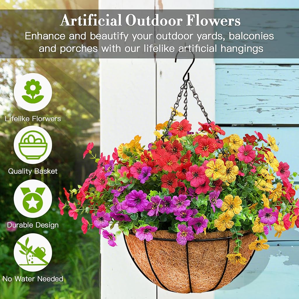 secqous 2 Set Artificial Outdoor Flowers with Hanging Basket, 2 Hanging Planters with 24 Pcs Flowers for Garden Porch Patio Balcony Yard Home Decoration