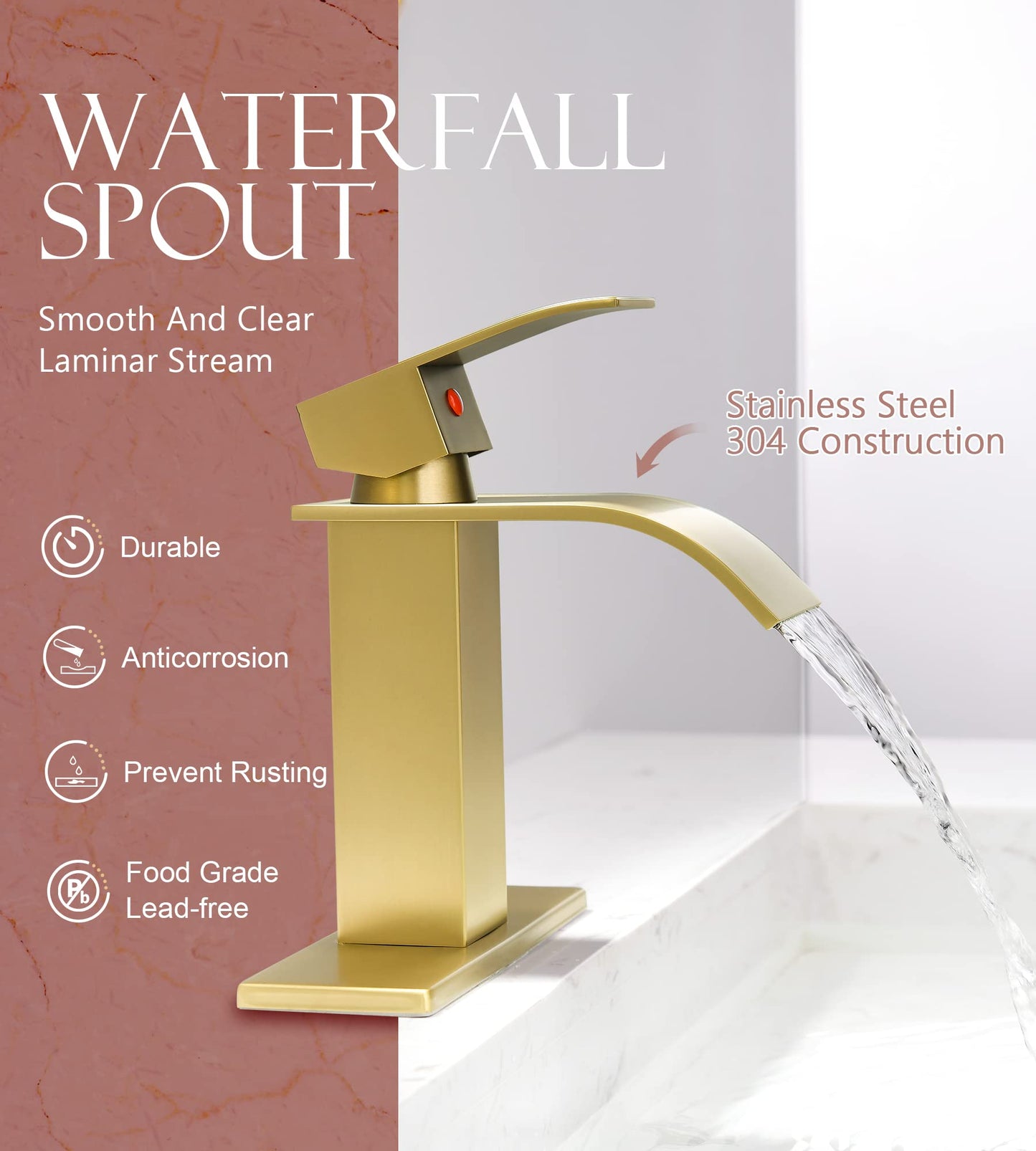 YardMonet Gold Bathroom Faucet, Modern Single Hole Waterfall Spout Sink Faucet, Brushed Gold With Drain Assembly and Hose