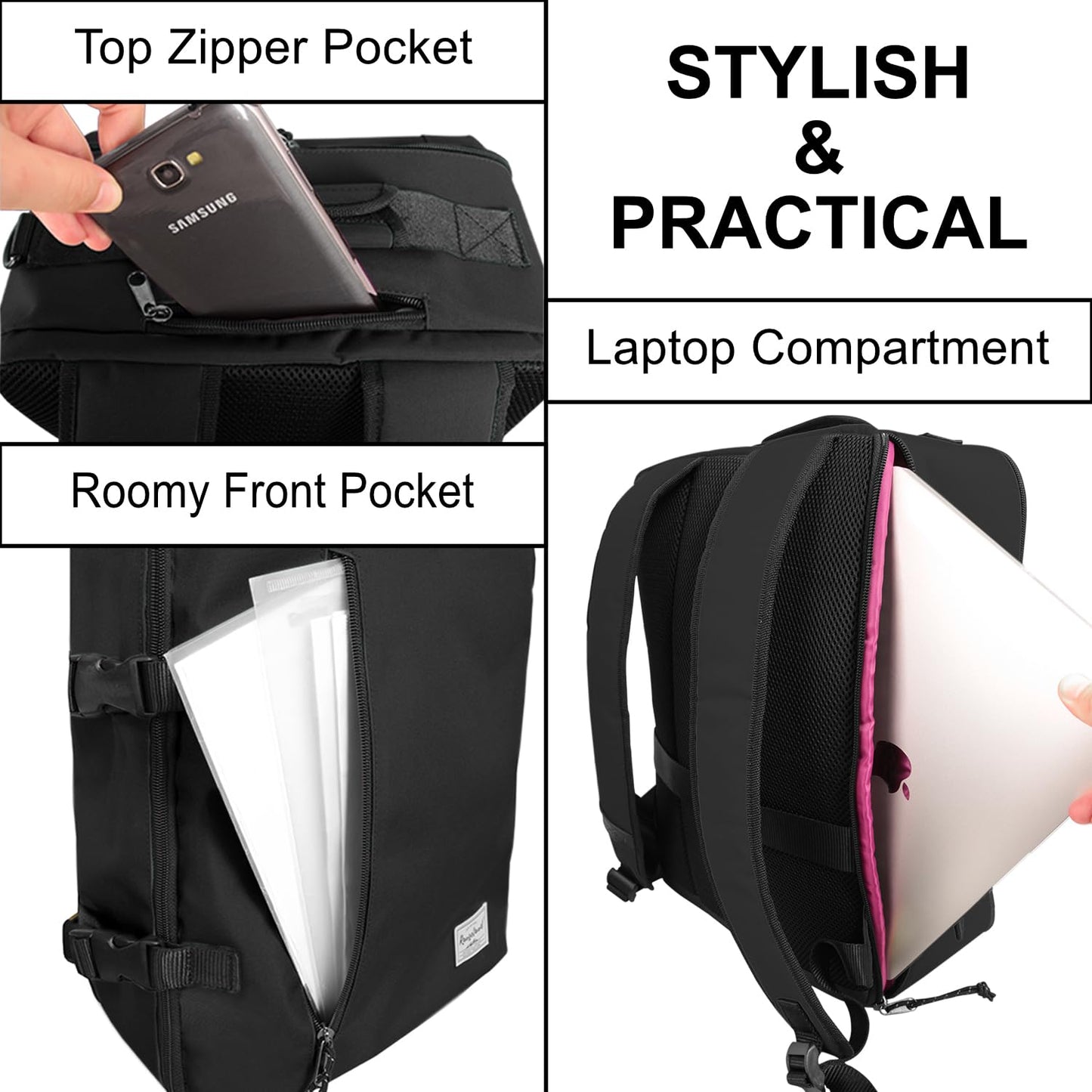 Rangeland New Business Trip Backpack 21L Flight Approved Carry on Daypack 15-inch Laptop Notebook, Travel Commute Gym Sport, All Black