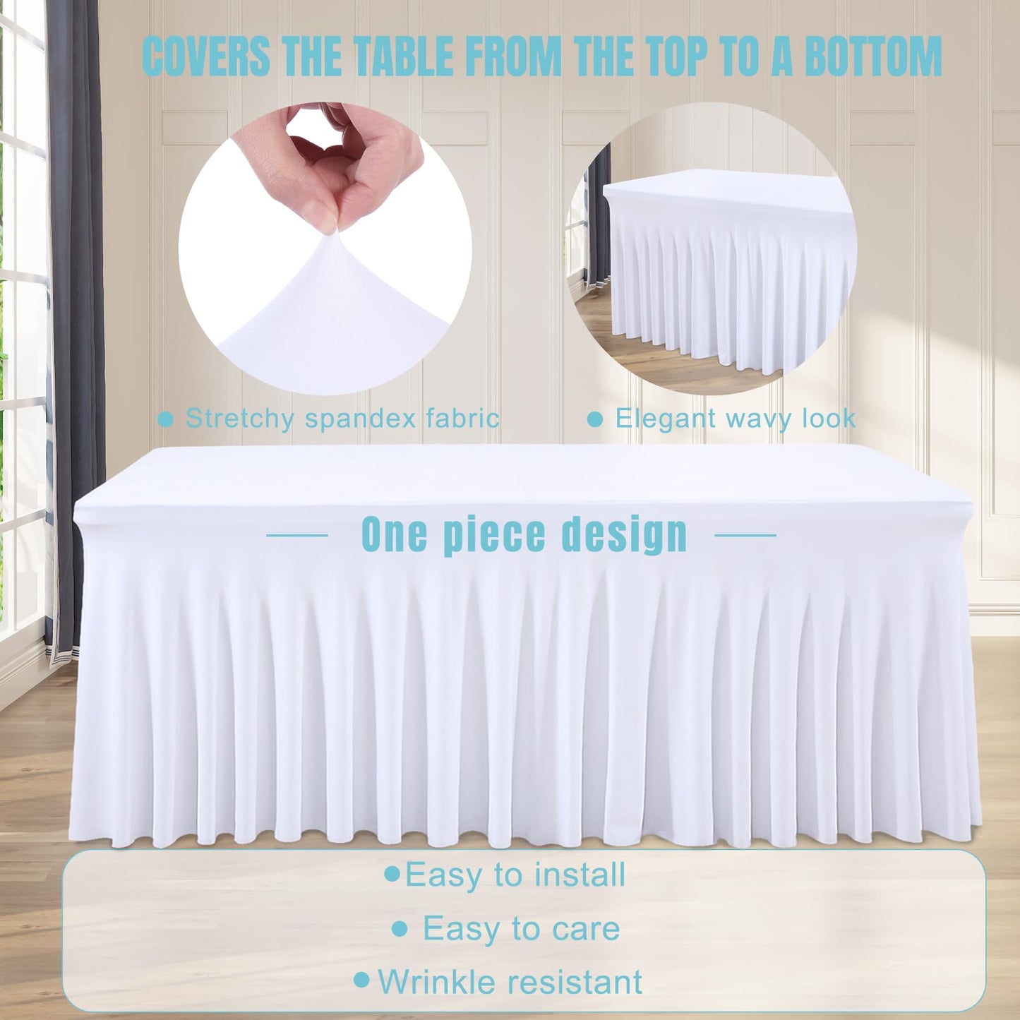 4 Packs White Table Clothes for 6 Foot Rectangle Tables, One-Piece Wrinkle Resistant Stretch Spandex Table Covers with Skirt for Event Banquet Wedding Birthday Party