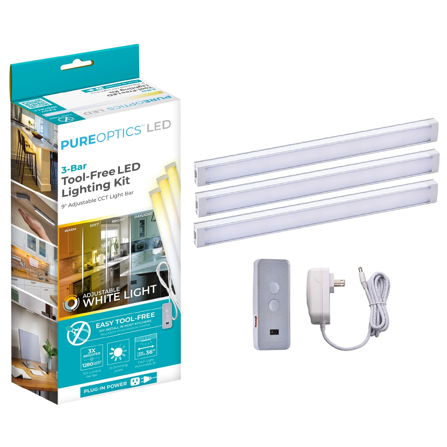 PureOptics LED Under Cabinet Light Kit, Motion Sensor, Dimmable, Linkable, 3 Color Settings, Tool-Free, for Kitchen, Cabinets and Closets, (3) 9" Bars