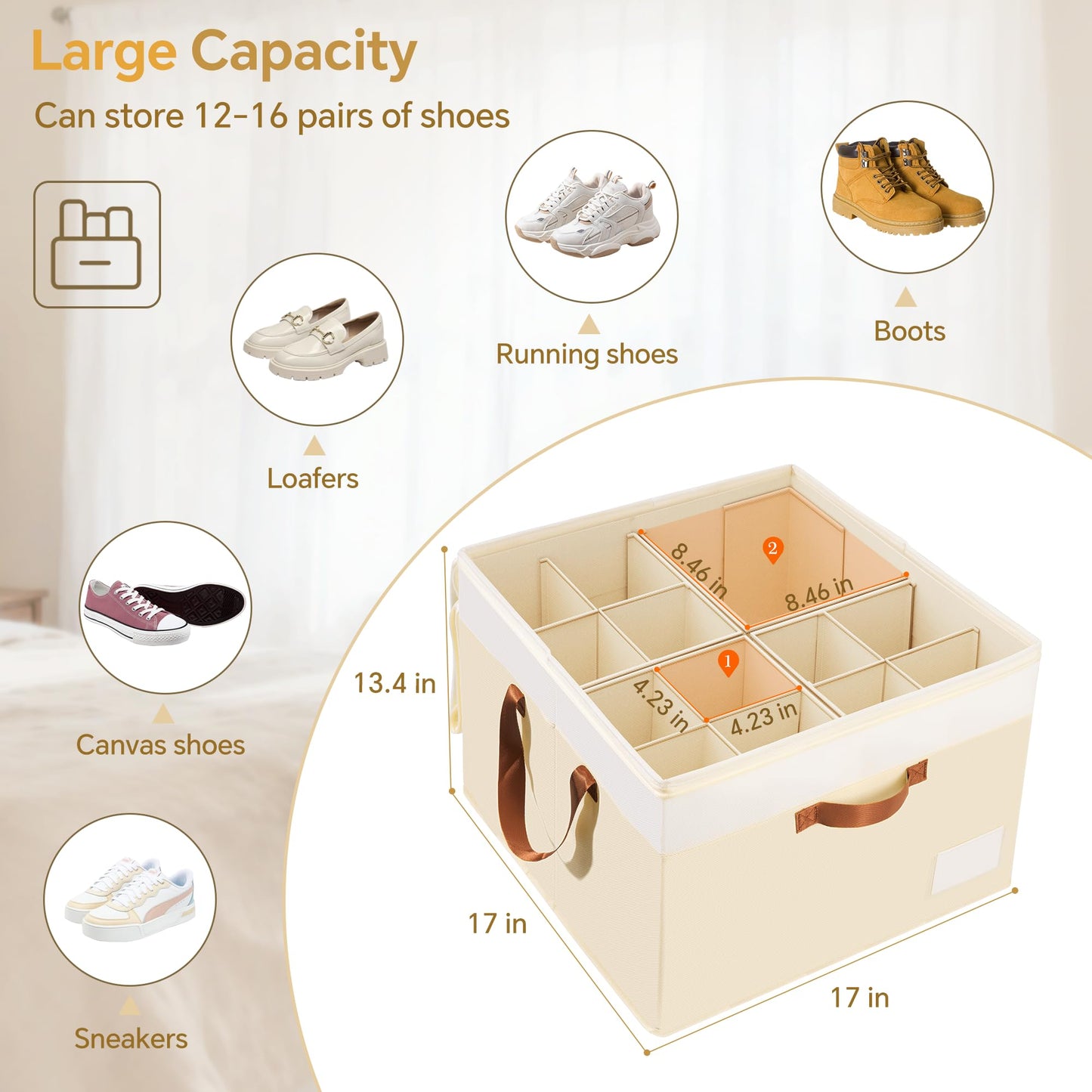 Criusia Shoe Organizer for Closet, 2 Pack Foldable Shoe Storage Organizer Box Bin with Adjustable Dividers and Clear Cover, Closet Shoe Storage for Sneakers Sandals Boots, Fit 16-32 Pairs, Beige