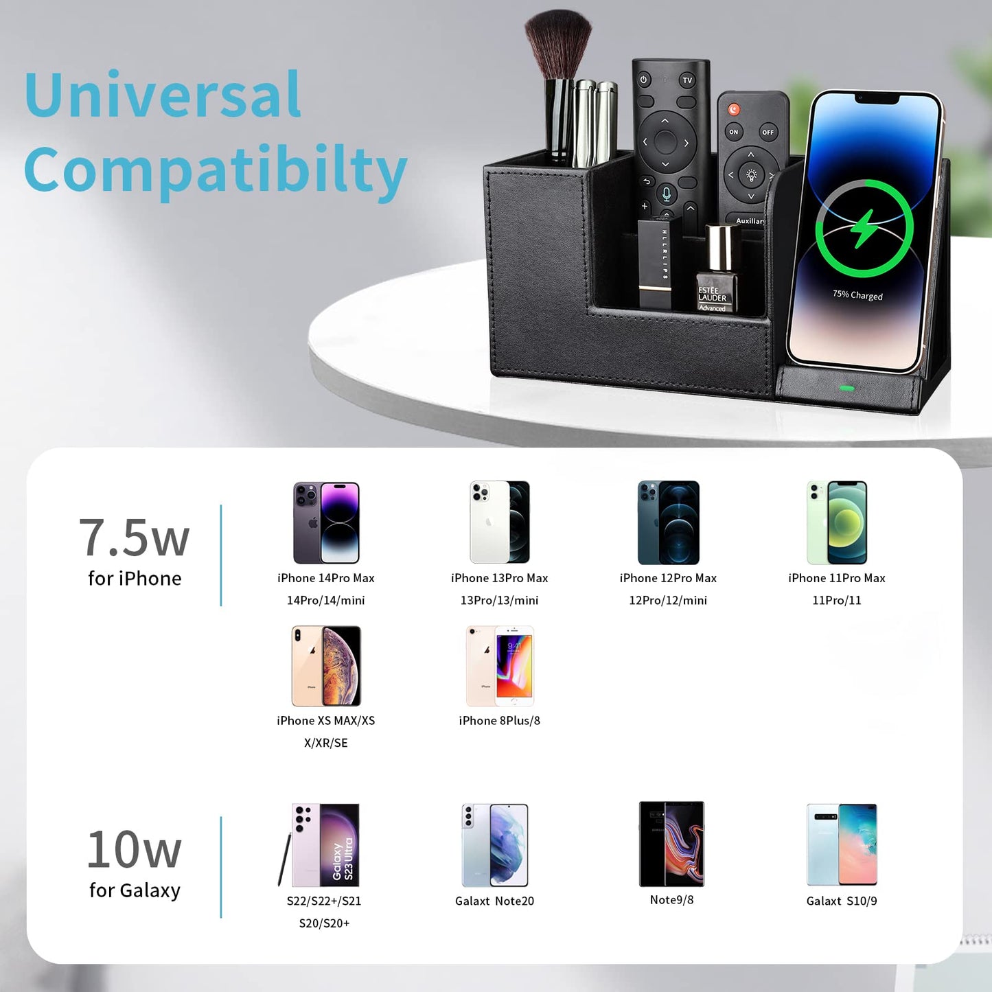 KINGFOM PU Leather Desk Organizer with Wireless Charging Station for iPhone, 10W Wireless Charger for iPhone 14/14 Pro/13/12/Samsung Galaxy S23/S22/S21/Note 20/Note 10(Black-L)