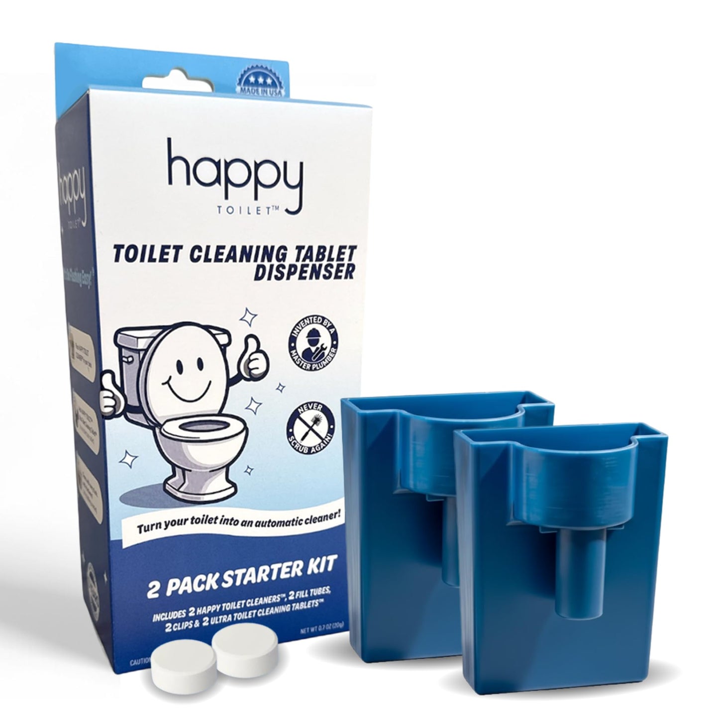 Happy Toilet Cleaner Original Toilet Bowl Tablet Holder Automatic Toilet Bowl Cleaner - Easy Install Toilet Tablet Holder, Auto Toilet Cleaning System Tank Caddy, Septic Safe Flush, Made in USA (2PK)