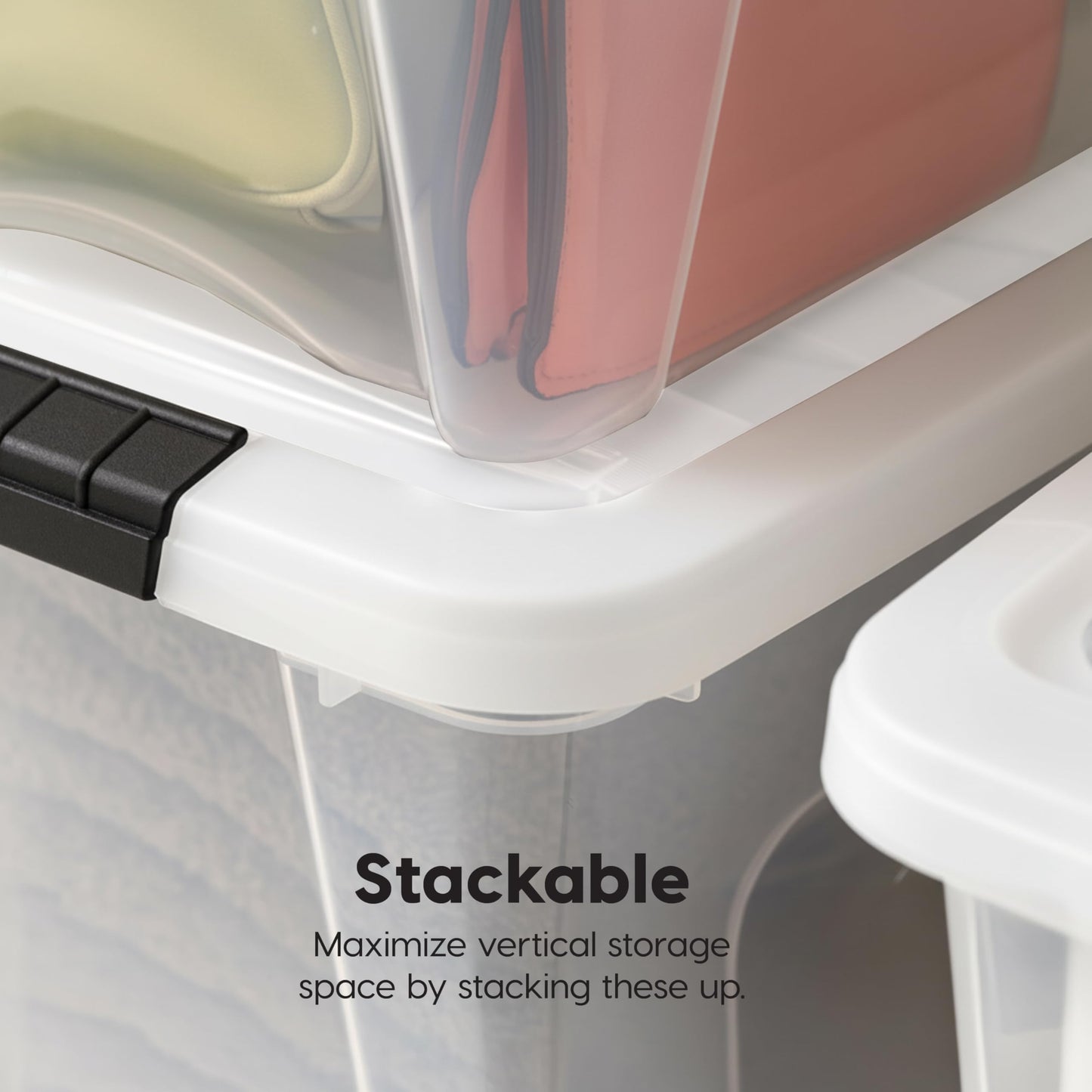 IRIS USA 19 Qt Stackable Plastic Storage Bins with Lids, 6 Pack - BPA-Free, Made in USA - See-Through Organizing Solution, Latches, Durable Nestable Containers, Secure Pull Handle - Clear/White