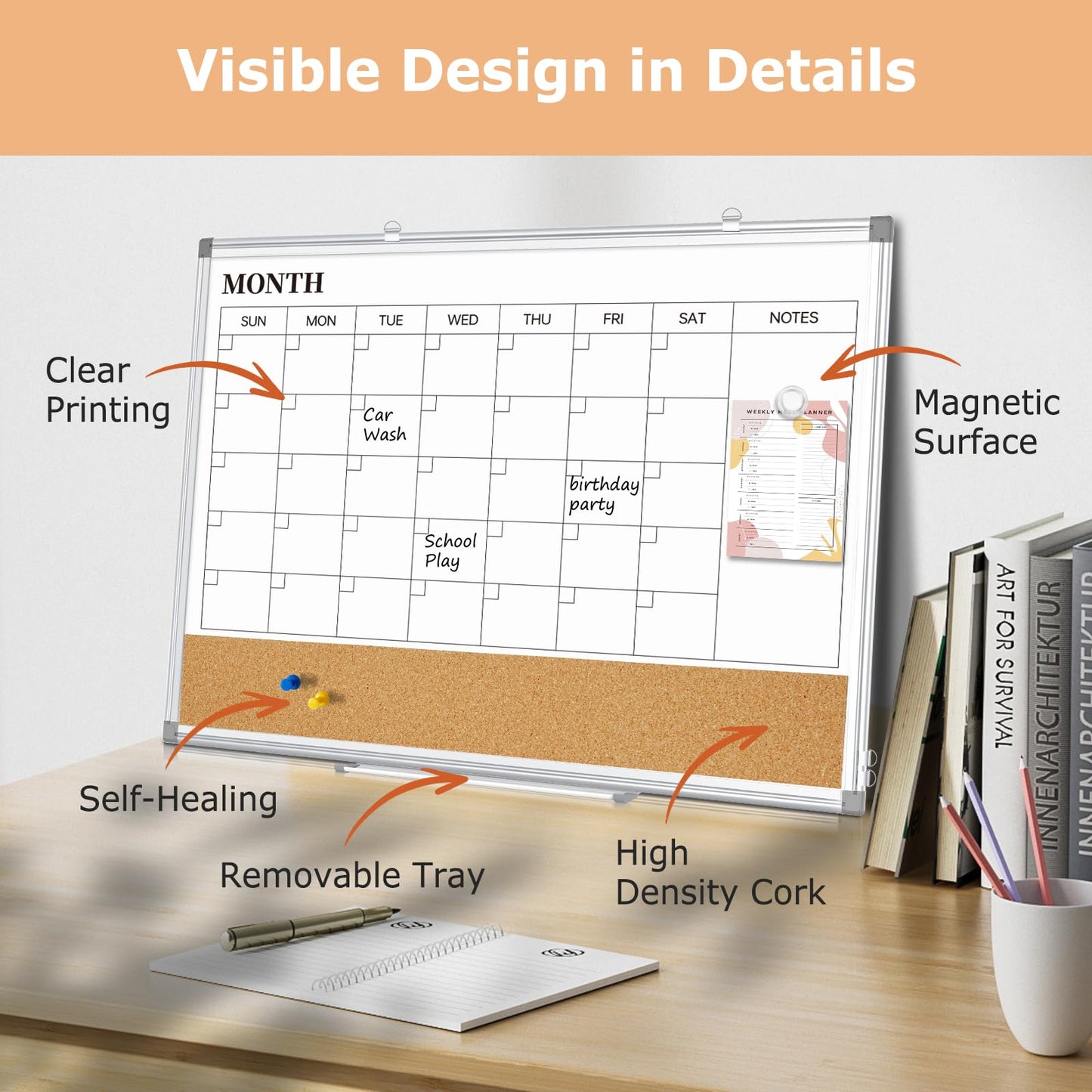 QUEENLINK Dry Erase Calendar Board for Wall, 24"x18" Magnetic Whiteboard Calendar Double-Sided Monthly White Board with Cork Board, Aluminum Frame Memo Message Board for Office, Home, School, Kitchen