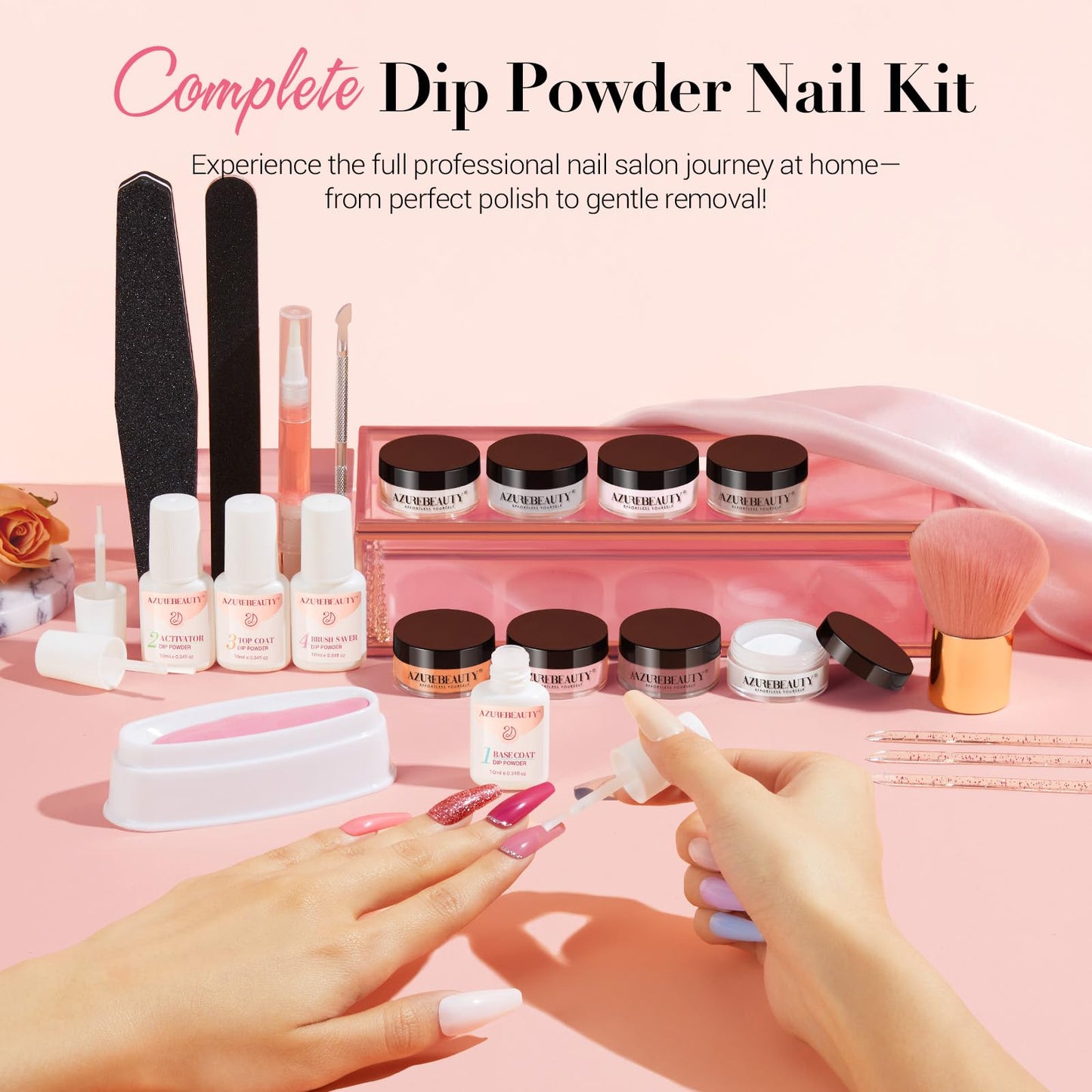 AZUREBEAUTY Dip Powder Nail Kit with Electric Nail Drill, 24 Colors Nude Pink Glitter Nail Powder Starter Kit with Dip Liquids Base Top Coat Activator Portable Manicure French Nail Art Essential Set