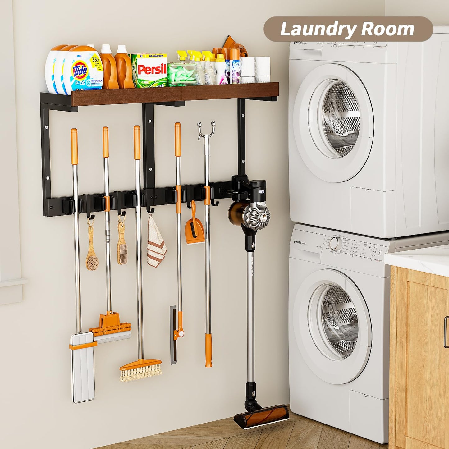 Broom Holder Wall Mount with Cleaning Supplies Organizer, Laundry Room Shelves with Mop Hanger Rack Gripper Hooks and Vacuum Organizer, Broom and Mop Organizer Wall Hanging for Home Garage Kitchen