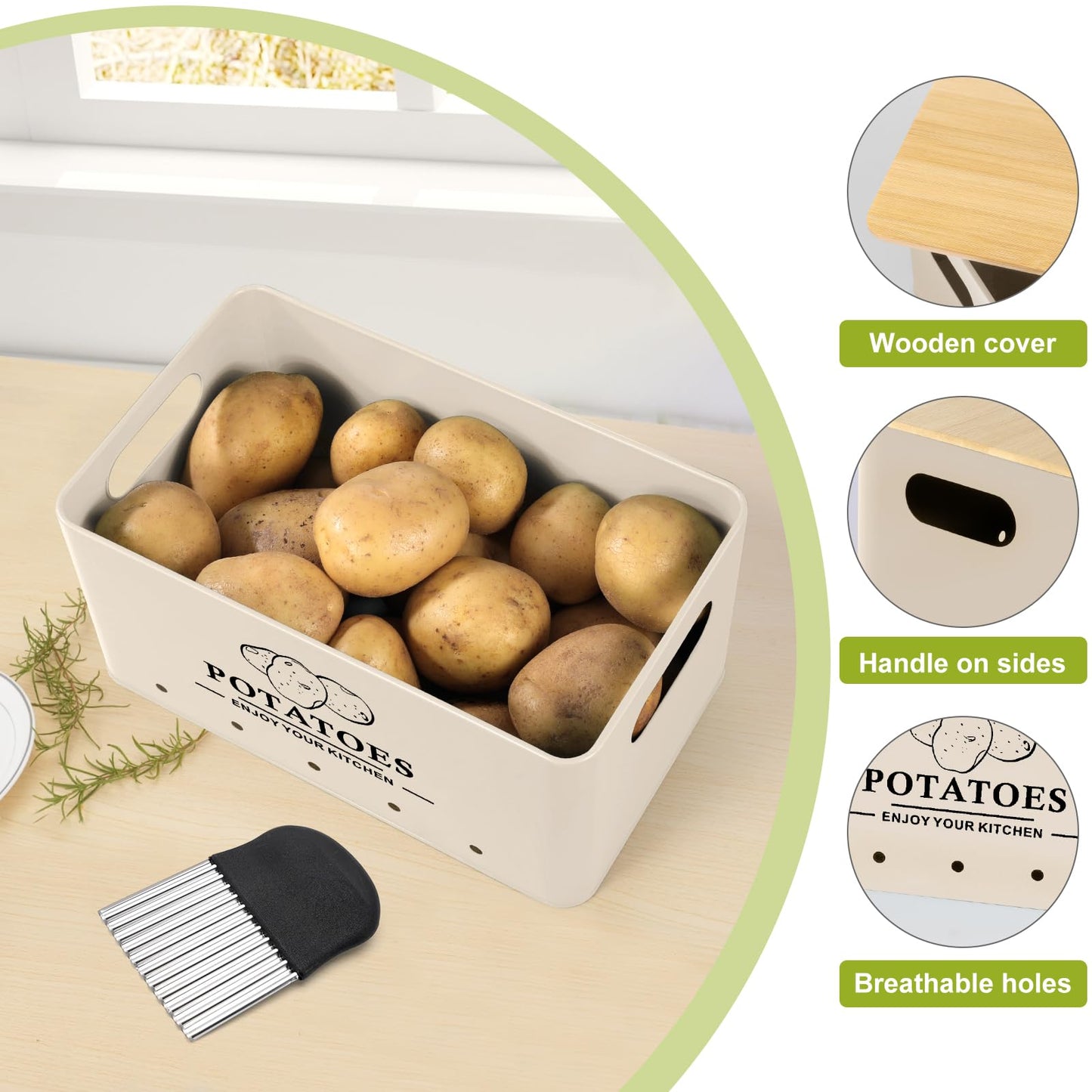 Dekosilave Kitchen Vegetable Storage Set of 3, Metal Onion Garlic Potato Storage Set, Kitchen Canisters Vegetable Keeper Containers with Aerating Holes and Wooden Lid (Beige)