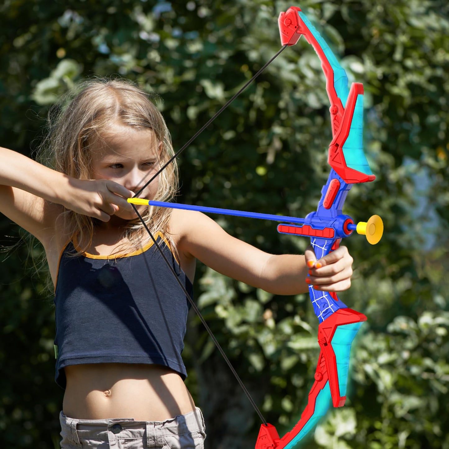 Bow and Arrow Set for Kids, LED Light Up Shooting Game with 7 Suction Cup Arrows, Quiver and Standing Net Lens Indoor Outdoor Birthday Gifts for Boys Age 4 5 6 7 8 9
