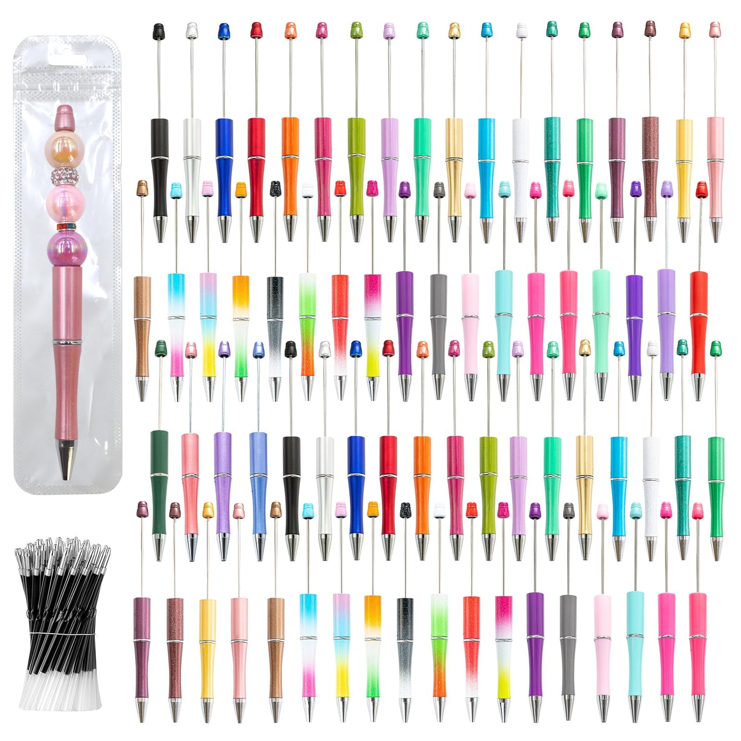 DASTTUIS 600 Pieces Beadable Pens - 200 Plastic Beadable Pens Bulk, Refills & Pen Bags Included - Beaded Pens Kit Cute Ballpoint Pens Black Ink - DIY Pens for Students & Teachers (Multicolor)