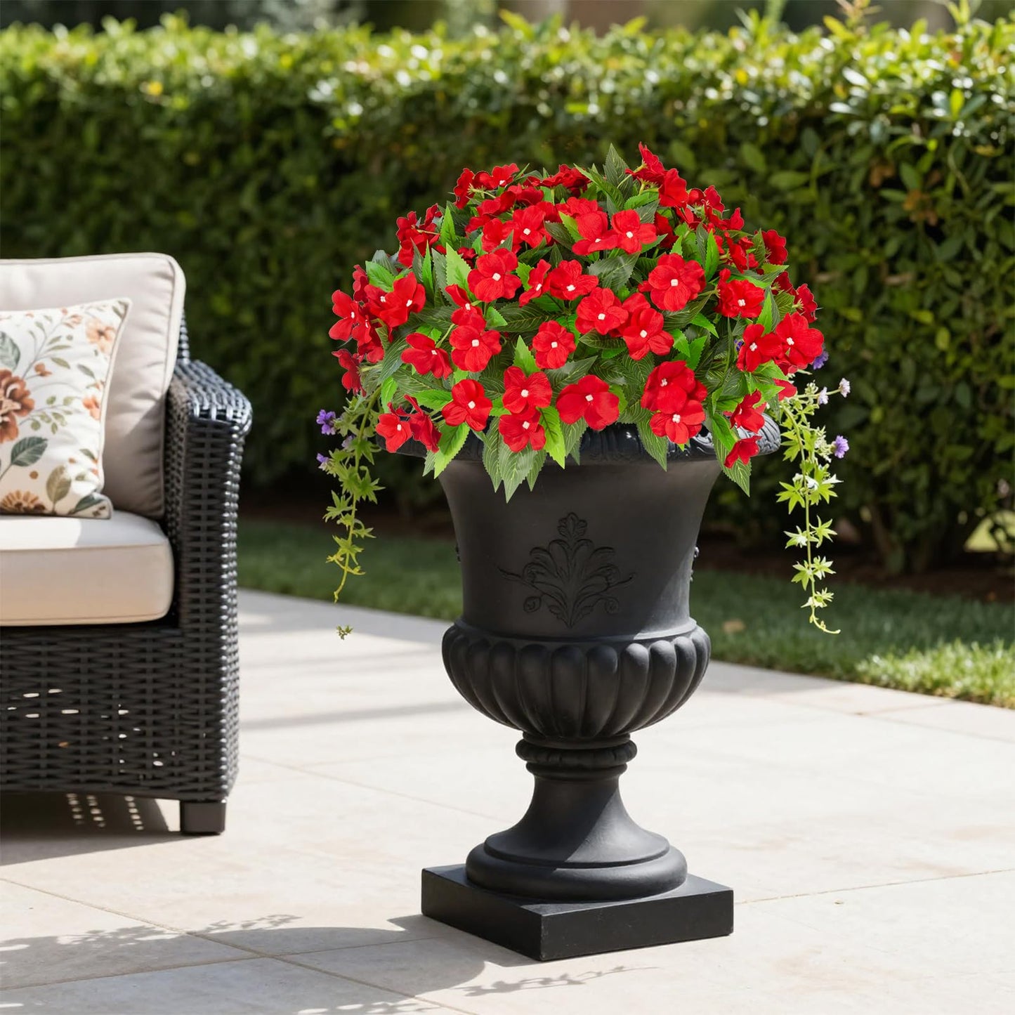 Daynight 8 Pcs Artificial Impatiens Flowers for Outdoor Flowers UV Resistant Faux Red Flowers Impatiens Bushes Silk Artificial Flowers Bouquet for Patio Garden Porch Decor. (8, Red)