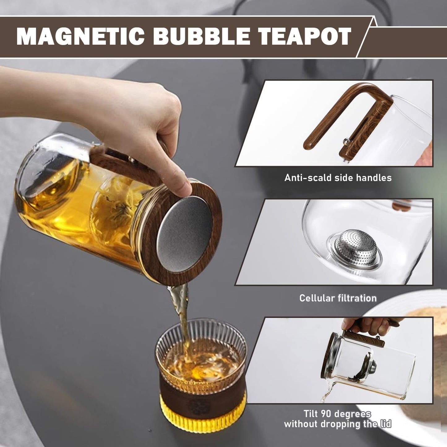 Xanadued Enchanti Tea Pot with Infusers for Loose Tea, 800ml/27.1oz Magic Teapot Infuser Pot, Water Separation Glass Teapot with Wooden Handle