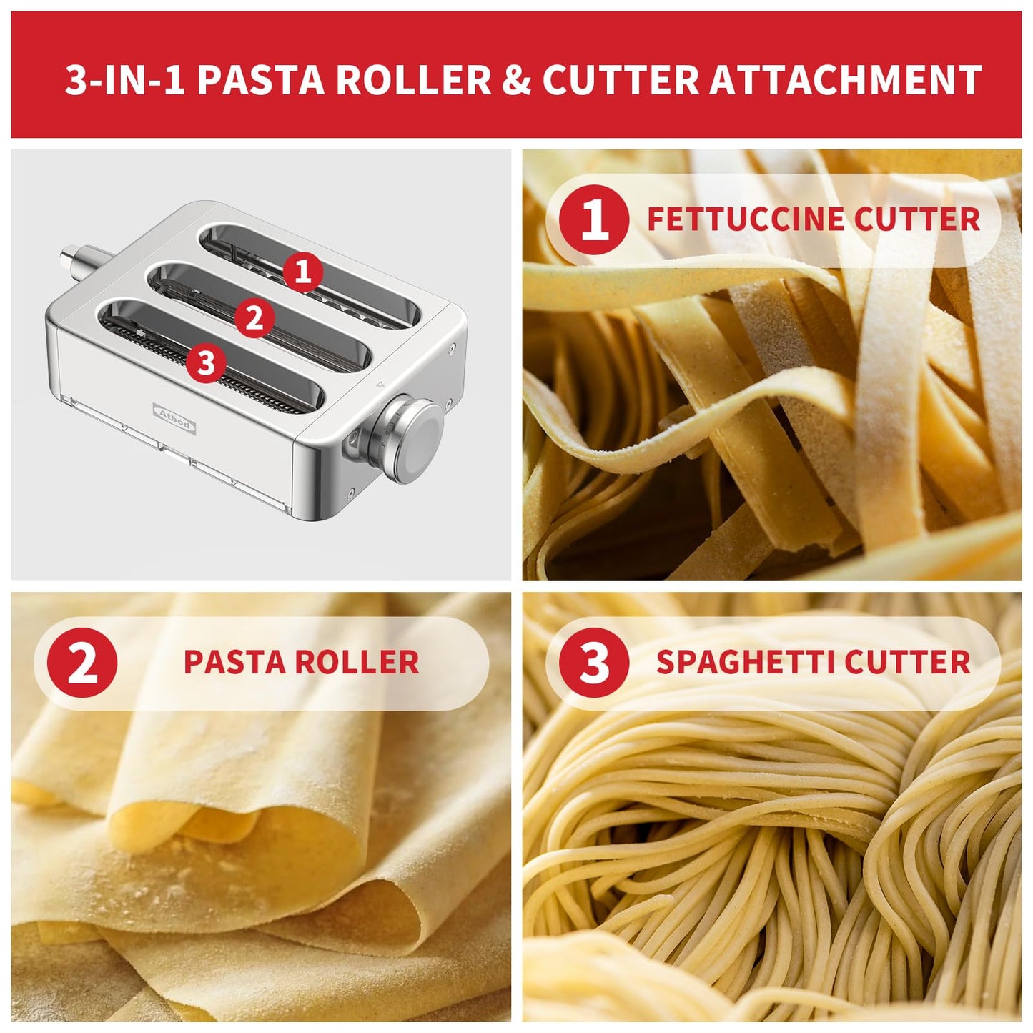 All Metal 3 In 1 Set Pasta Maker Attachment for KitchenAid, Included Pasta Sheet Roller, Spaghetti Cutter, Fettuccine Cutter Maker Accessories And Cleaning Brush