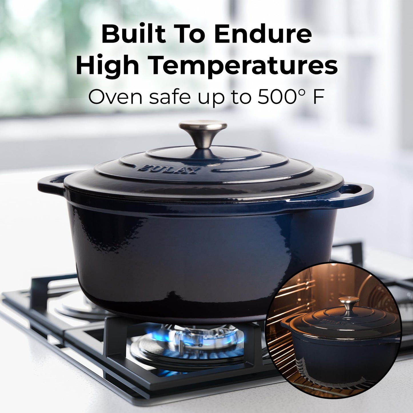 Zulay Kitchen 6 Quart Enameled Cast Iron Dutch Oven Pot with Lid – Premium Durability & Oven Safe up to 500°F – Heavy Duty Cookware Perfect for Bread Baking, Stews, Braising & Roasting - Lapis Lazuli
