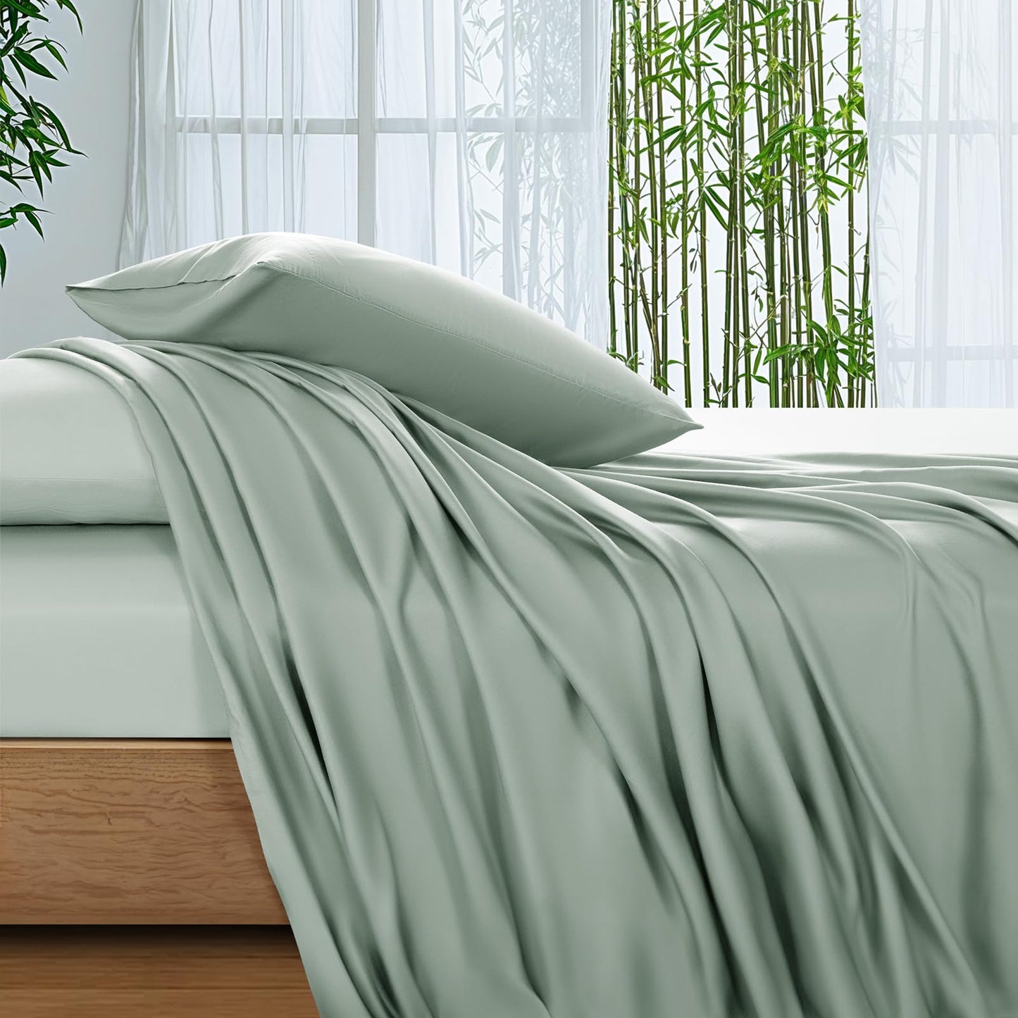 SONORO KATE 100% Viscose Derived from Bamboo_Sheets Queen Size, Ultra Breathable & Cooling Bed Sheets for Hot Sleepers, Hotel Luxury Silky Bedding Sheets, 16" Deep Pocket - 4PC (Sea Glass,Queen)