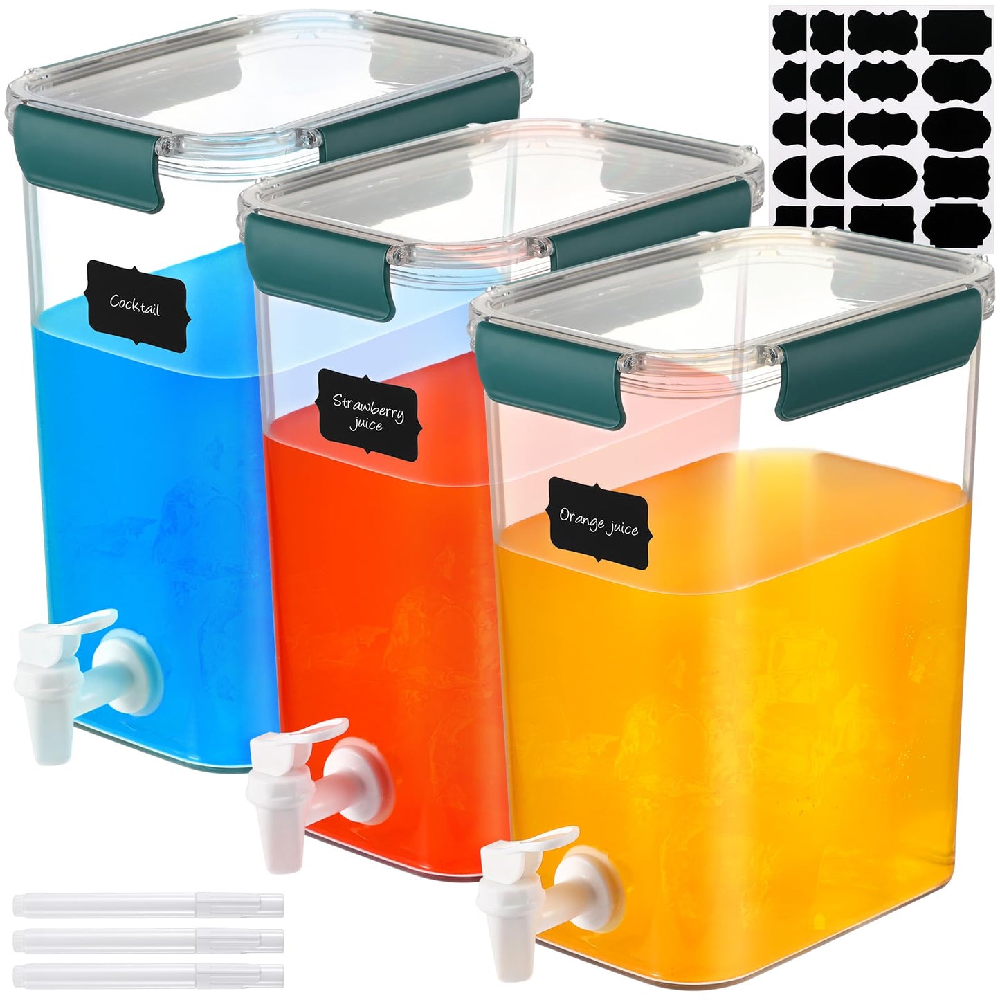Mumufy 3 Set Plastic Drink Dispensers for Parties Beverage Dispenser for Fridge with Spigot Iced Juice Lemonade Container with Labels and Pens Summer Party Supplies(1.2 Gallon,Green)