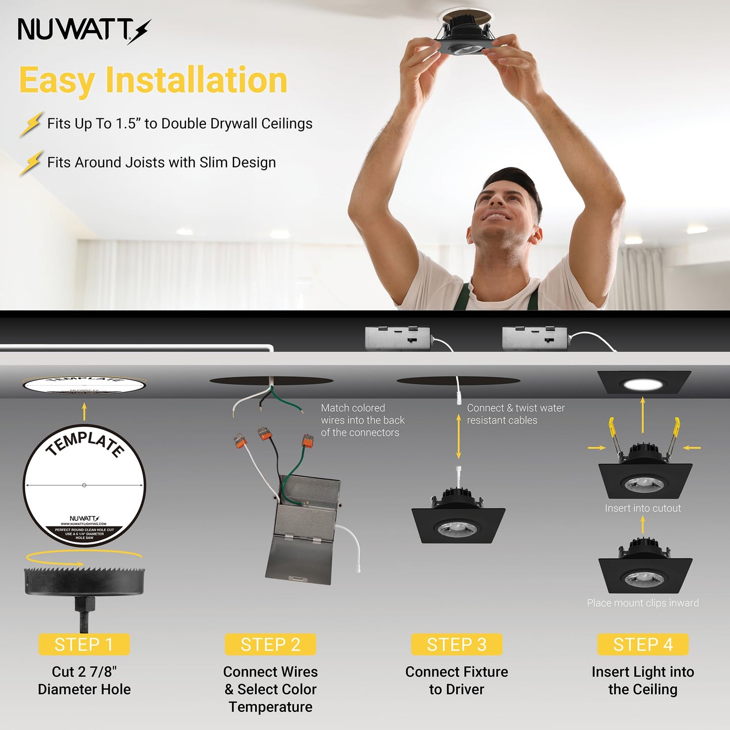 NUWATT 3 Inch LED Gimbal Recessed Lights Black Square, 5CCT 2700K/3000K/3500K/4000K/5000K Selectable 8W, 600 Lumens, IC Rated, Wet Rated, 120V, Dimmable, Canless Adjustable Recessed Lighting, 4 Pack