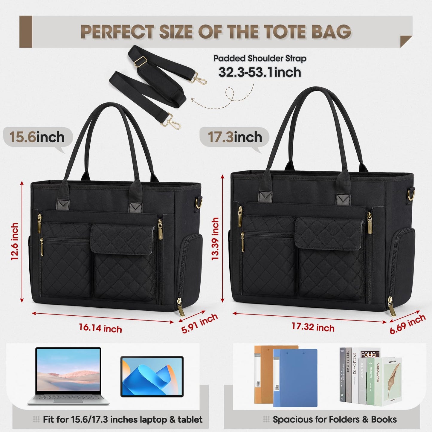RAINSMORE Teacher Tote Bag with Insulated Lunch Compartment 15.6 inch Laptop Bag for Women Lightweight Work Bags Nurse Bags Professional Briefcase Computer Handbag for Office, College, Nursing, Black