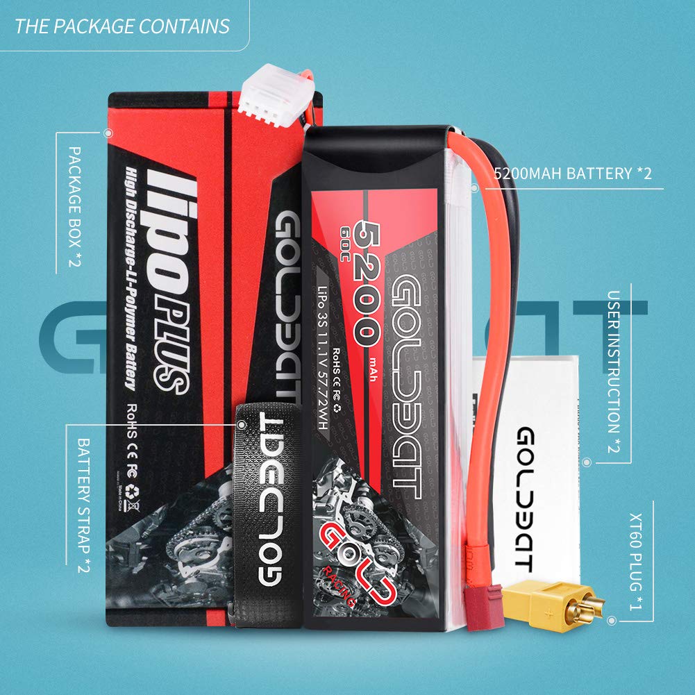 GOLDBAT LiPo RC Battery 5200mAh 3S 60C 11.1V LiPo RC Short Battery with Deans Connector Softcase Pack for RC Car Truck Quadcopter Airplane Helicopter Boat (2 Packs)