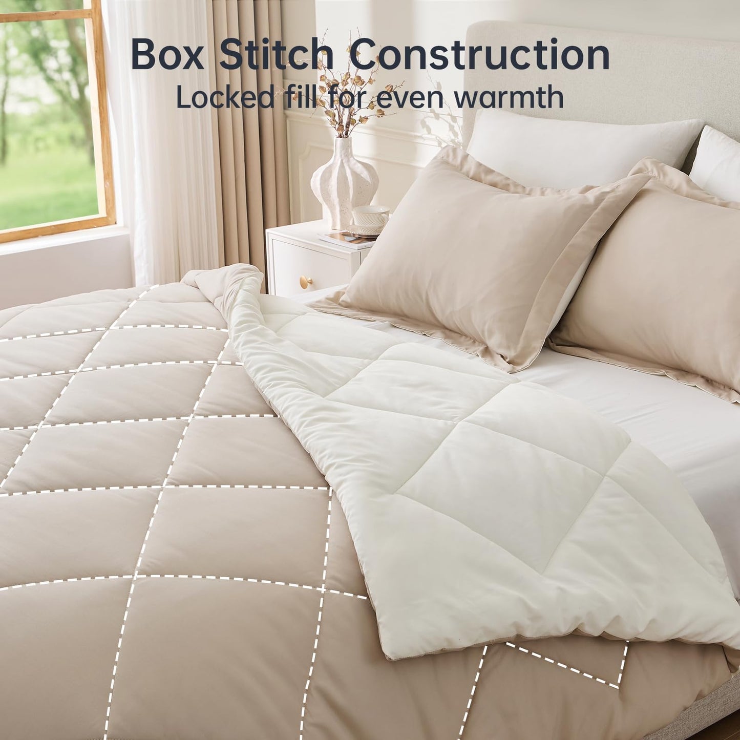 JOLLYVOGUE King Size Comforter Set, Soft Reversible Bedding for All Seasons, 3 Pieces Down Alternative Bed Set Includes 1 Lightweight Comforter (104"x90") and 2 Pillow Shams (20"x36"), Beige & Ivory