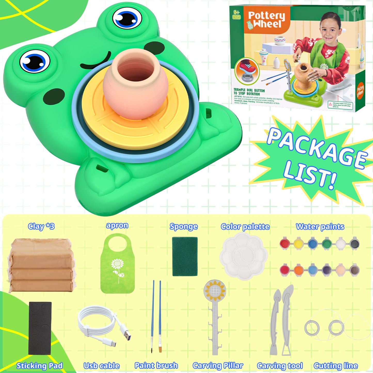 Pottery Wheel for Kids - Complete Pottery Painting Kit Arts and Crafts for Kids Ages 8-12 with 1.65lb Air Dry Clay Art Supplies for Kids Toys Girls Boy Birthday Gift for 6 7 8 9 10 11 12+