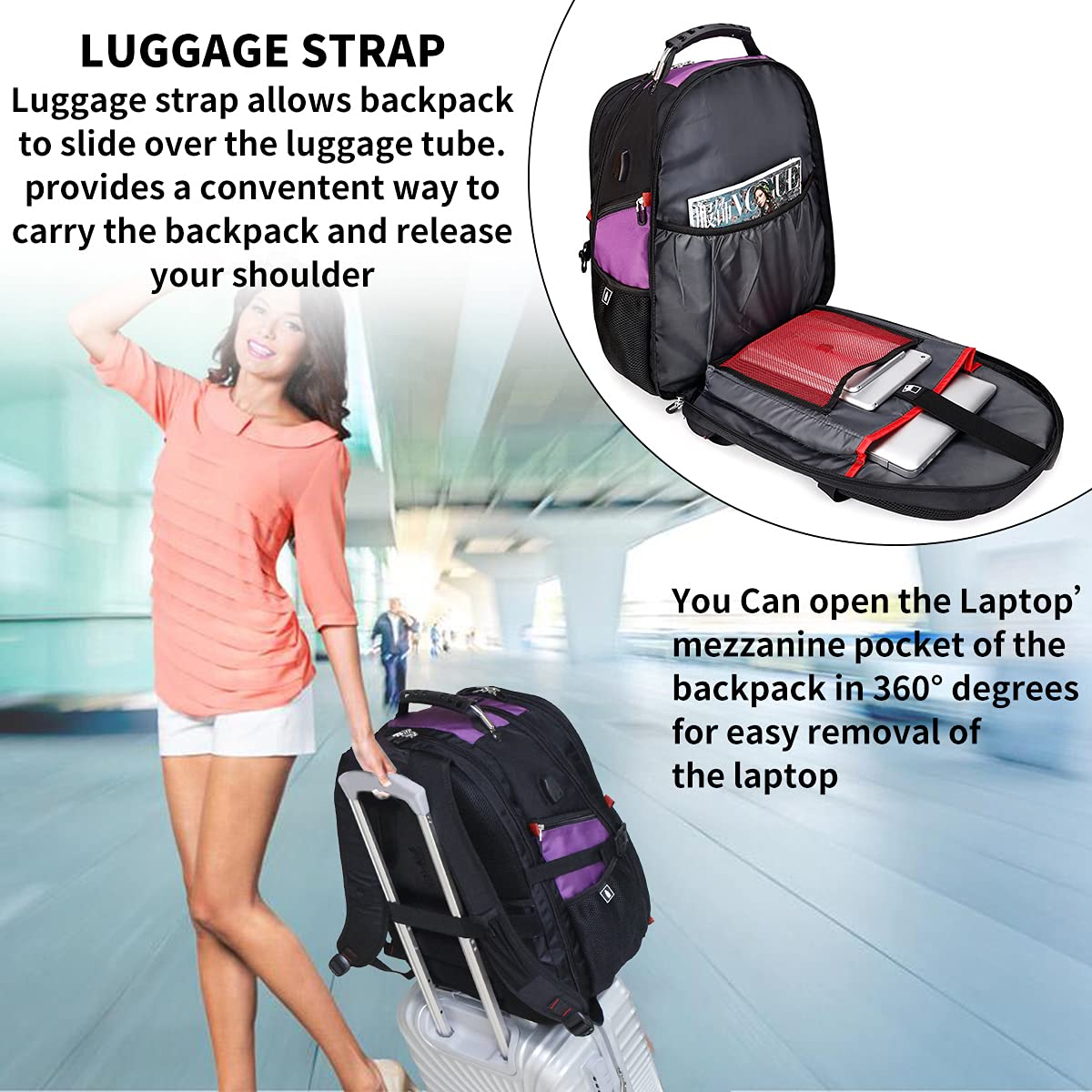 SHRRADOO Extra Large 50L Travel Laptop Backpack with USB Charging Port, College High School Backpack Airline Approved Business Work Bag Fit 17 Inch Laptops for Men Women,Purple