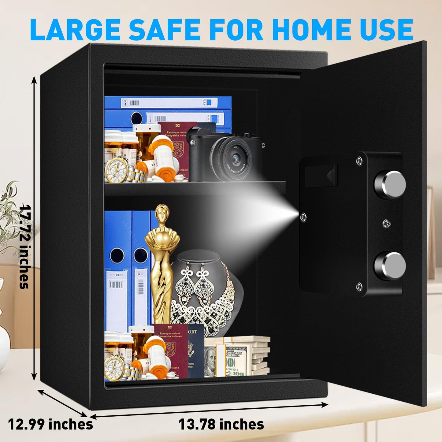 2.8 Cuft Large Fire Proof Safe for Home Documents, Digital Security Box with Key and Combination, Anti-Theft Fire Safety Box for Home Office, Document Safe for Money Firearm Medicine Valuables