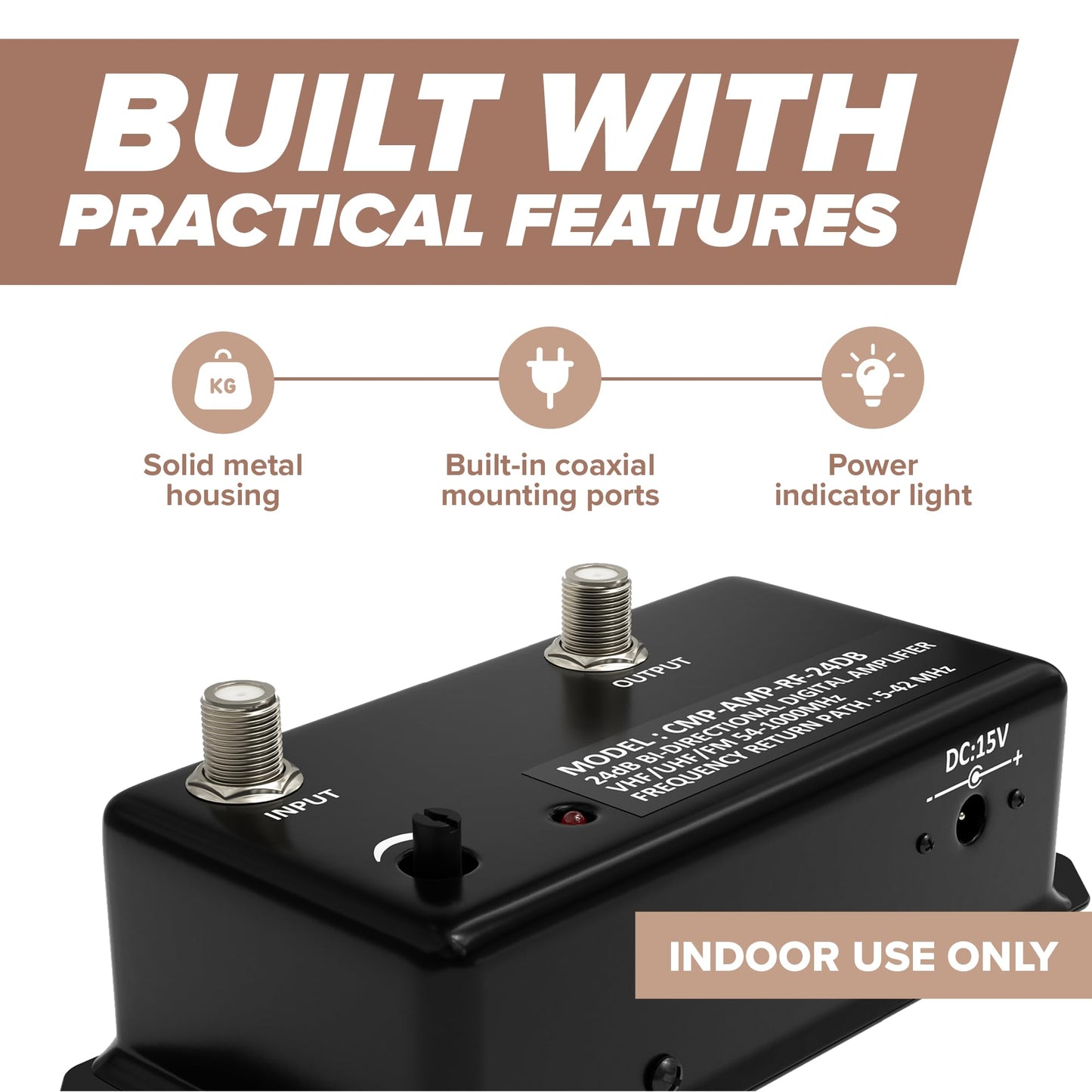 THE CIMPLE CO Antenna Amplifier Kit, Digital TV Signal Booster with Coax, Adjustable Gain, 24 dB Distribution, NTSC, ATSC, FM, UHF, VHF, 1000 MHz, Includes RG6 Coaxial Cable, Indoor Use Only