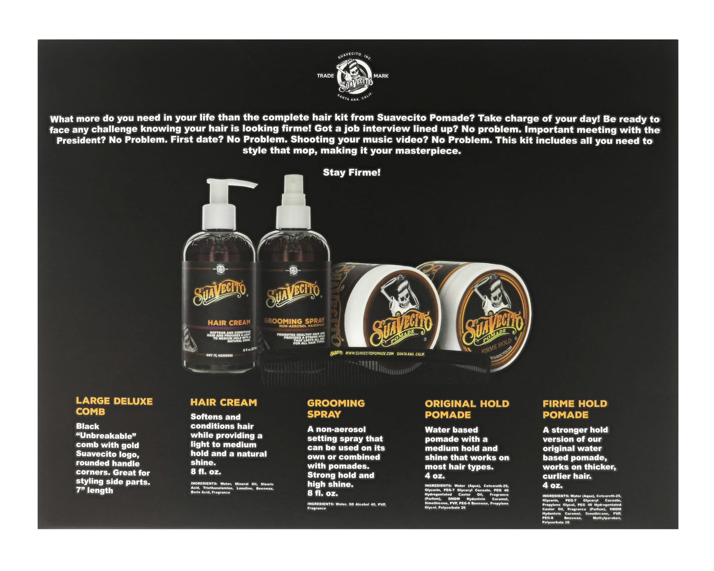 Suavecito Men's 5 PC Hair Kit - Original & Firme (Strong) Hold Medium Shine Pomade, Hair Cream and Grooming Spray, Large Deluxe Comb