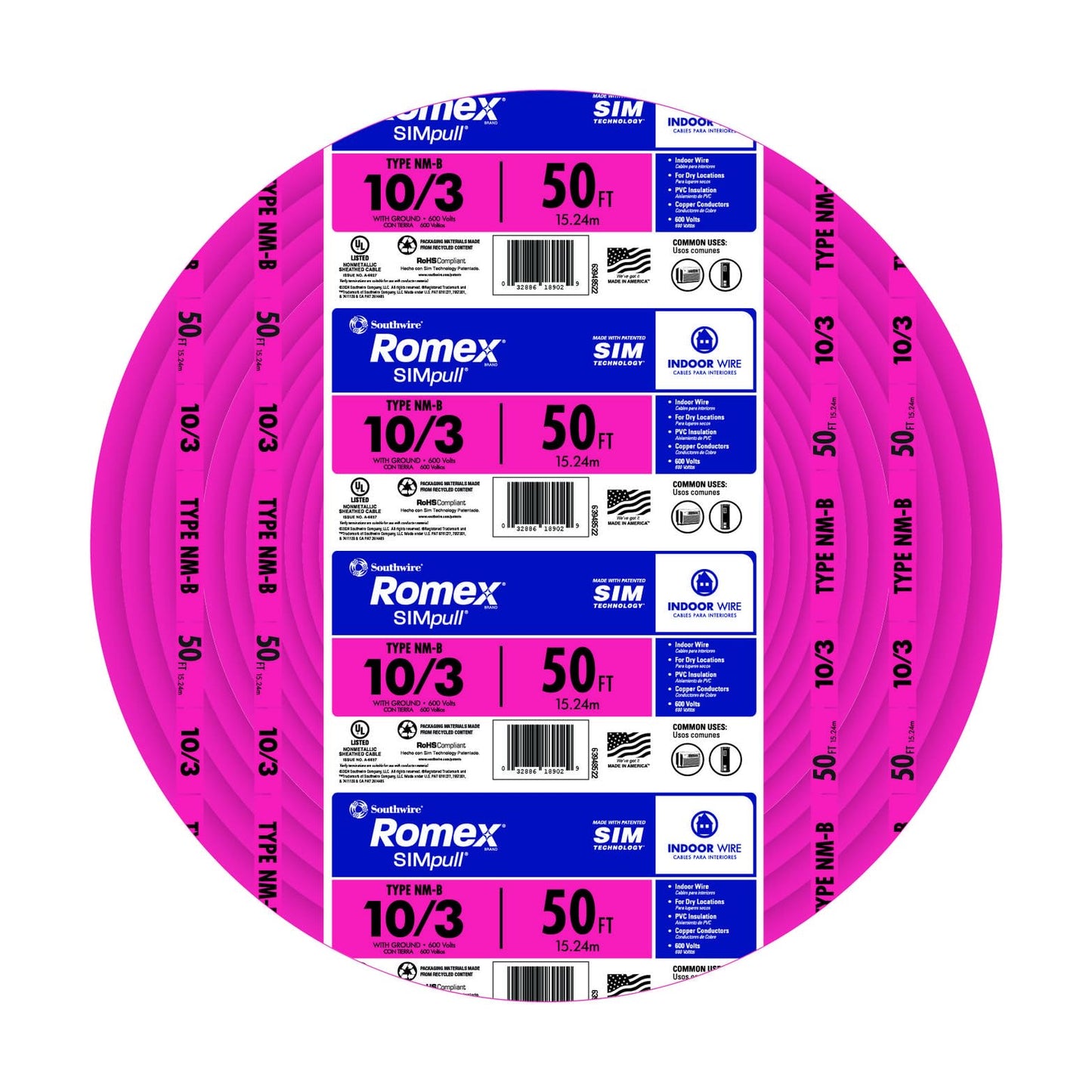 Southwire Romex SIMpull Residential Wire, 10 Gauge, 3 Conductor, 25Ft, NMW/G Wire, Pink, 63948521