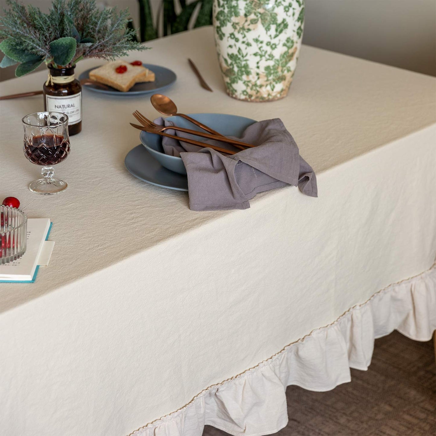 GLORY SEASON Retro Farmhouse Ruffle Tablecloth Cotton Flounces Trim Washable Table Cover Tablecloths for Rectangle Table Baby Shower Kitchen Party Wedding Decor,60''x120''